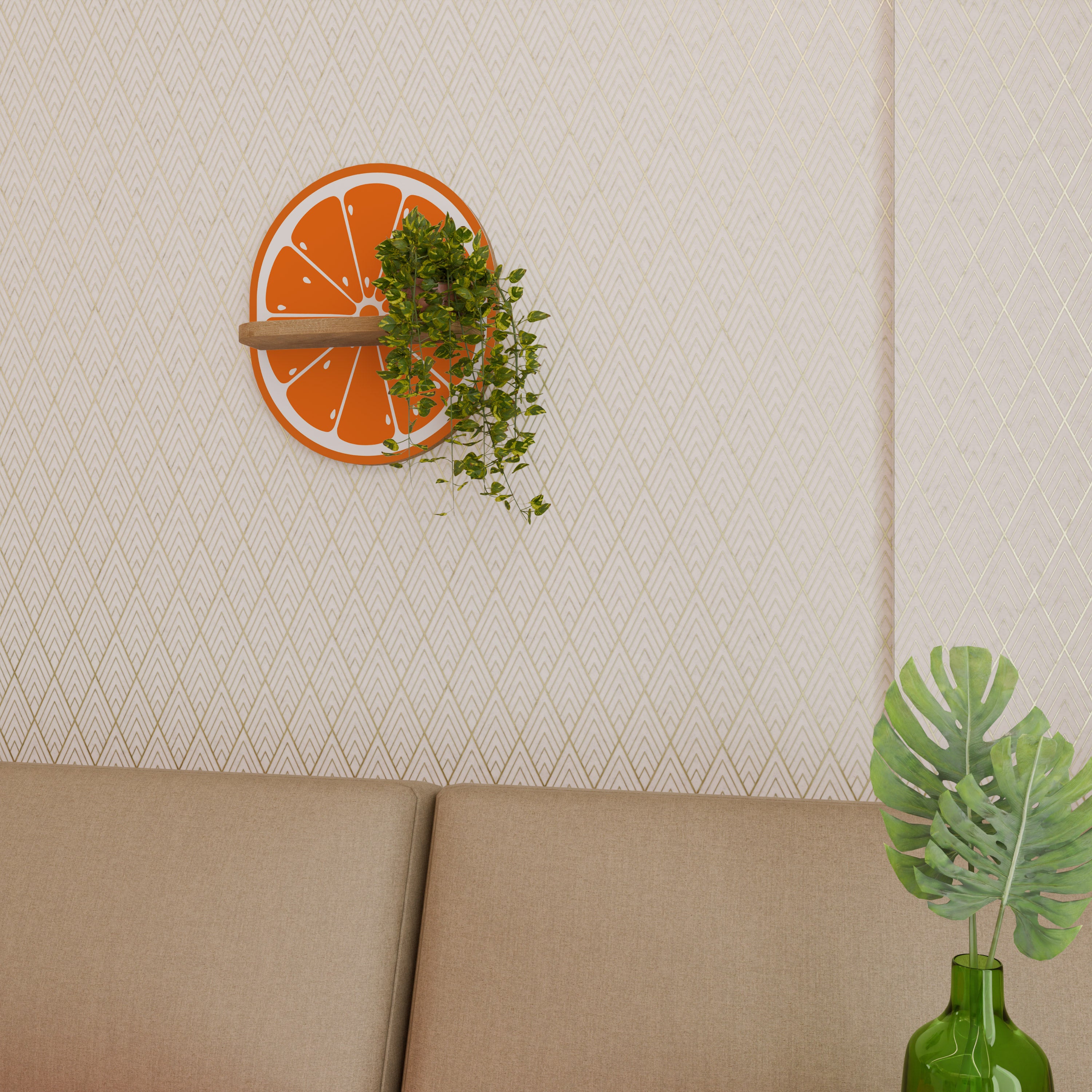 Estantería de arte ovalada Juicy Orange con efecto roble