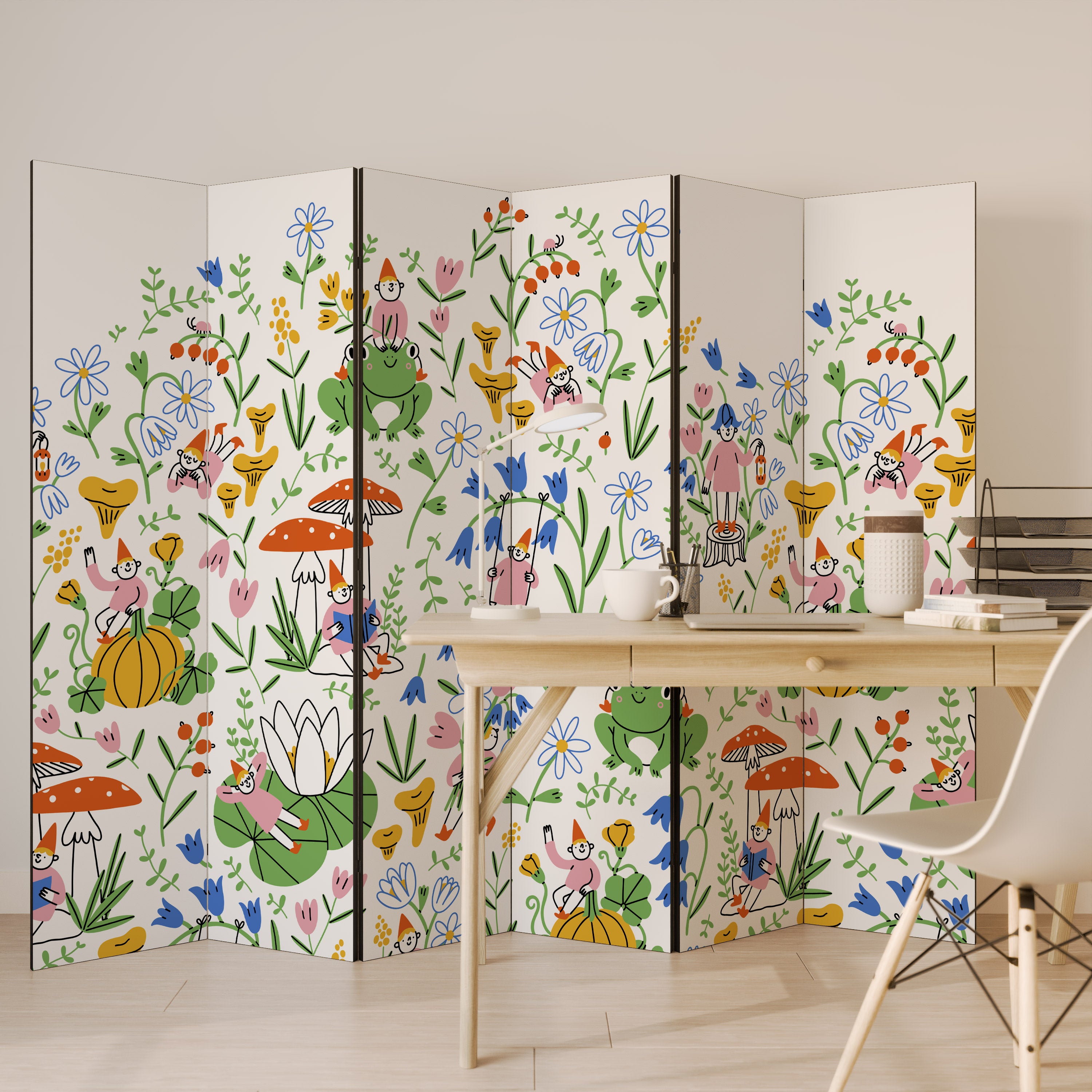 Biombo decorativo de 6 paneles GNOMOS DE JARDÍN