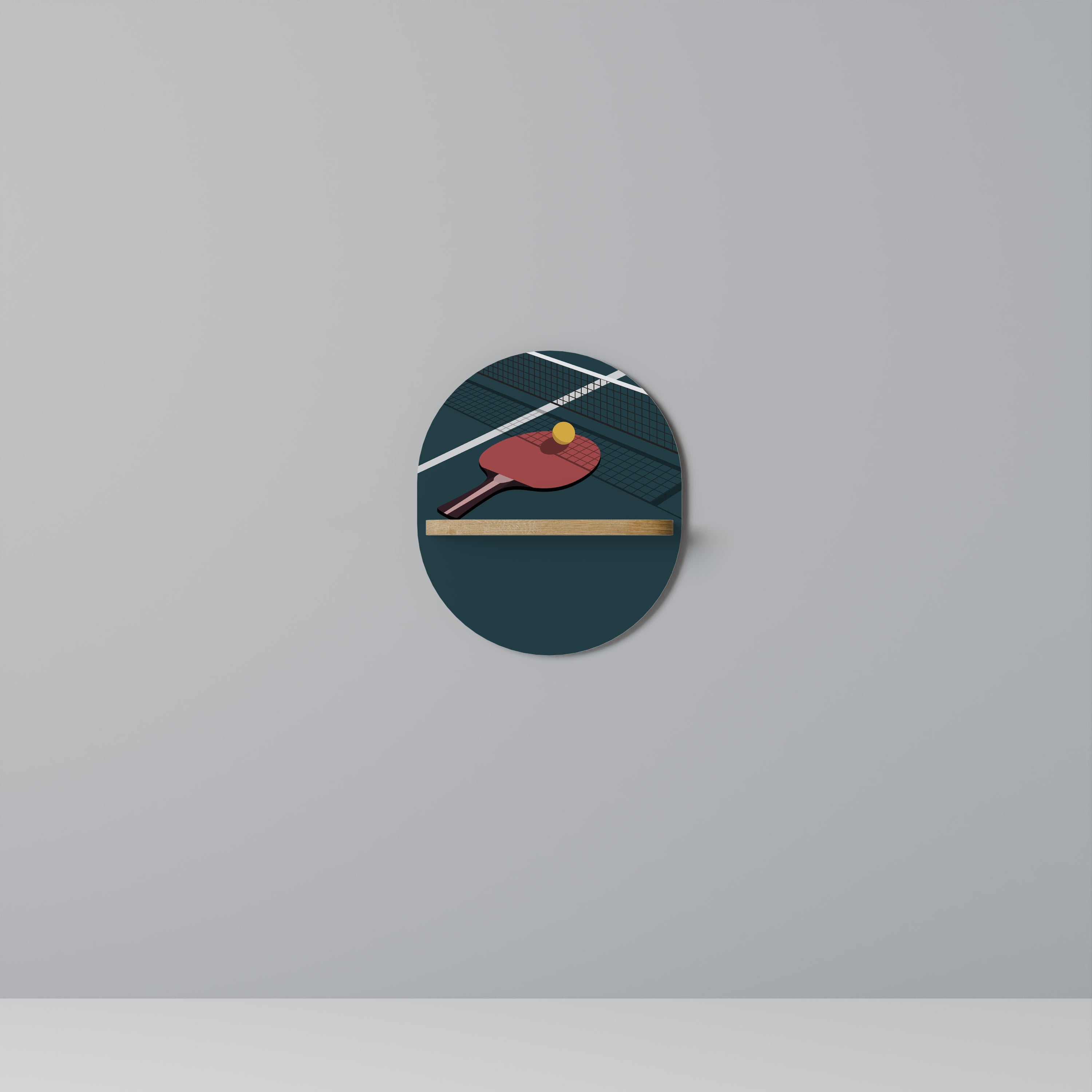 Estantería de arte ovalada con efecto roble para juegos de ping-pong