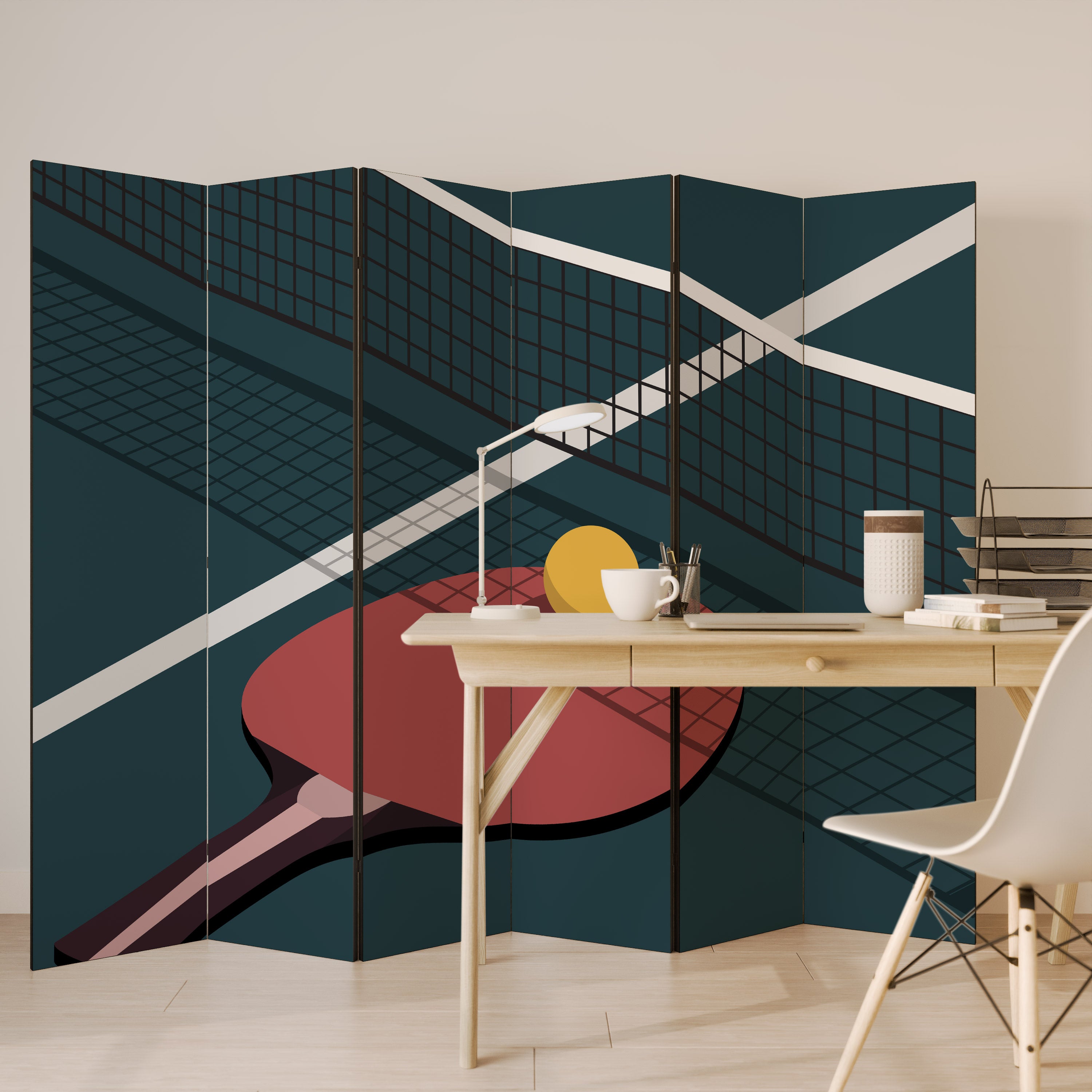 Biombo decorativo de 6 paneles con diseño de juego de ping-pong