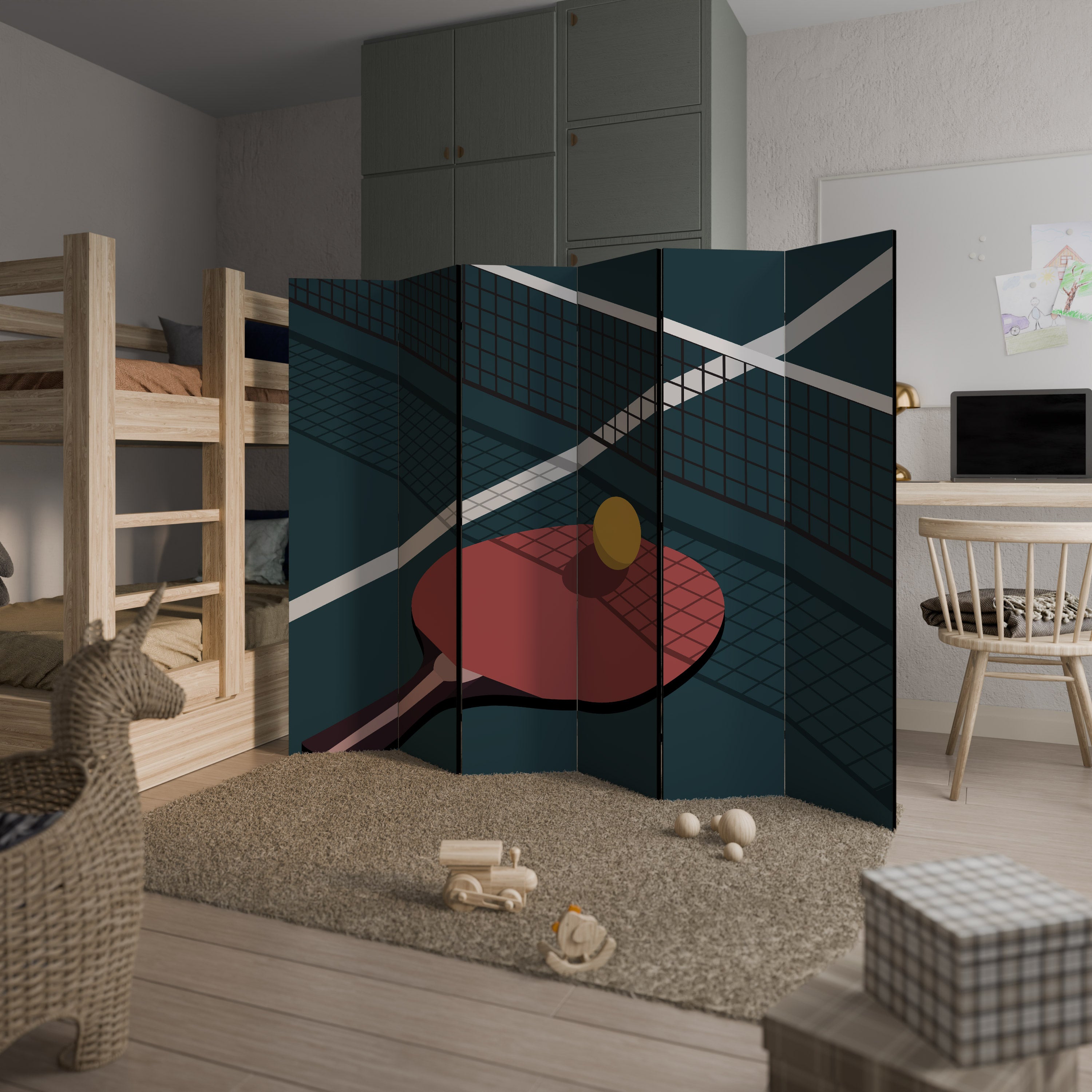 Biombo decorativo de 6 paneles con diseño de juego de ping-pong