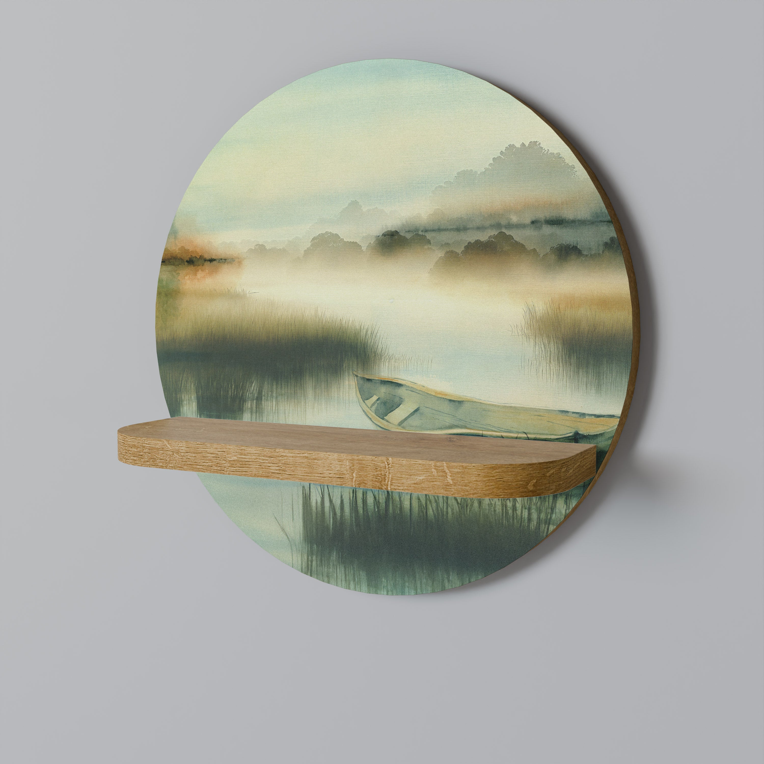 Estantería de arte redonda MAÑANA JUNTO AL LAGO con efecto roble