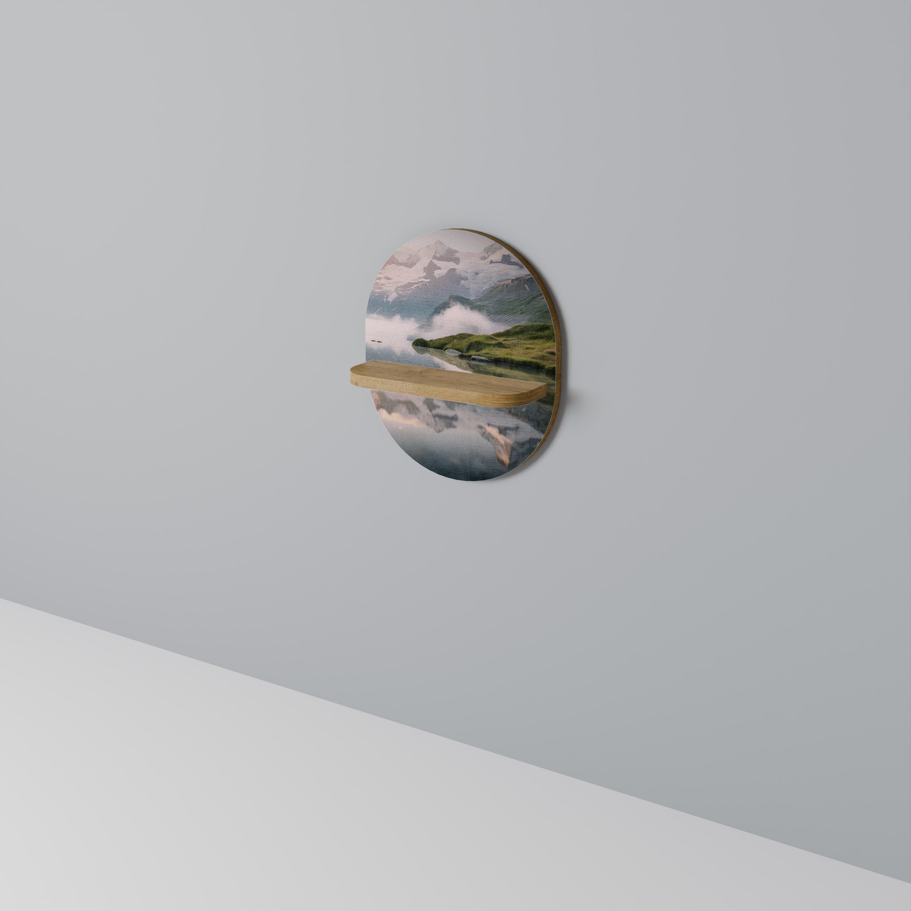 Estantería de arte ovalada FOGGY HORIZON con efecto roble