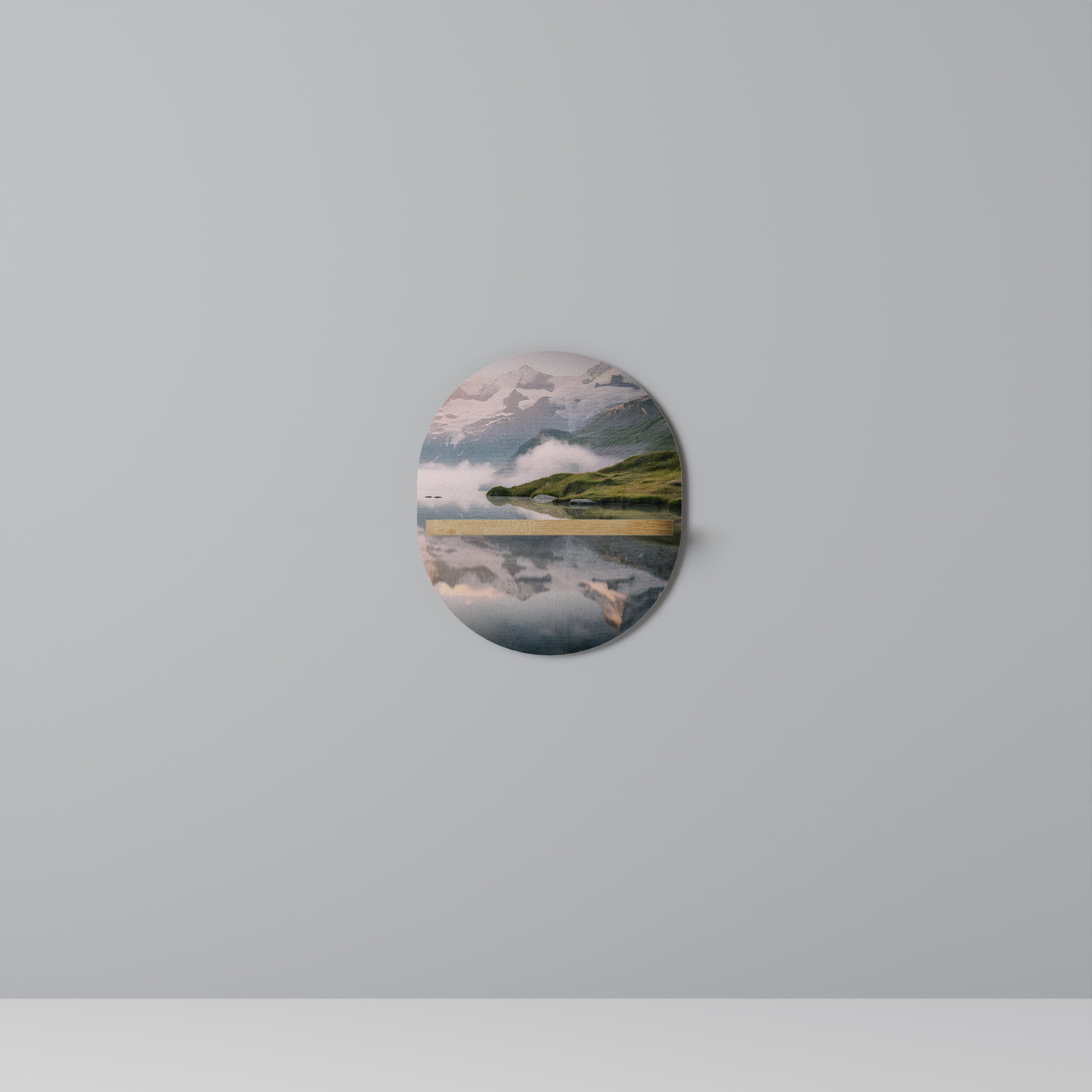 Estantería de arte ovalada FOGGY HORIZON con efecto roble