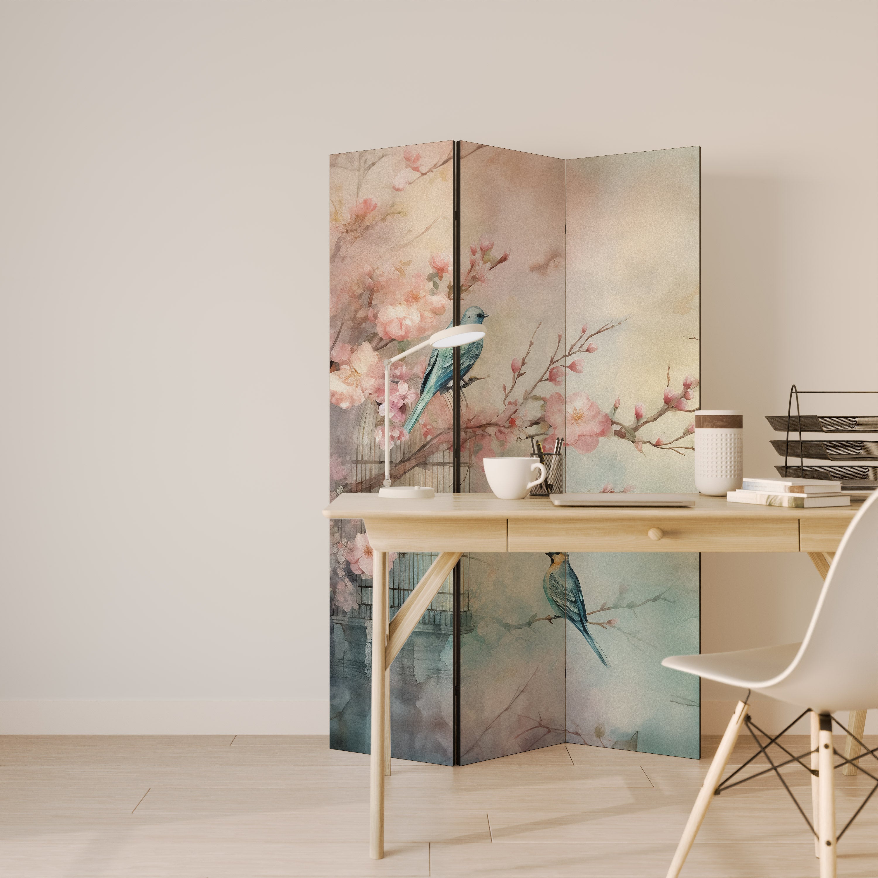 Biombo decorativo de 3 paneles CHERRY BIRDSONG