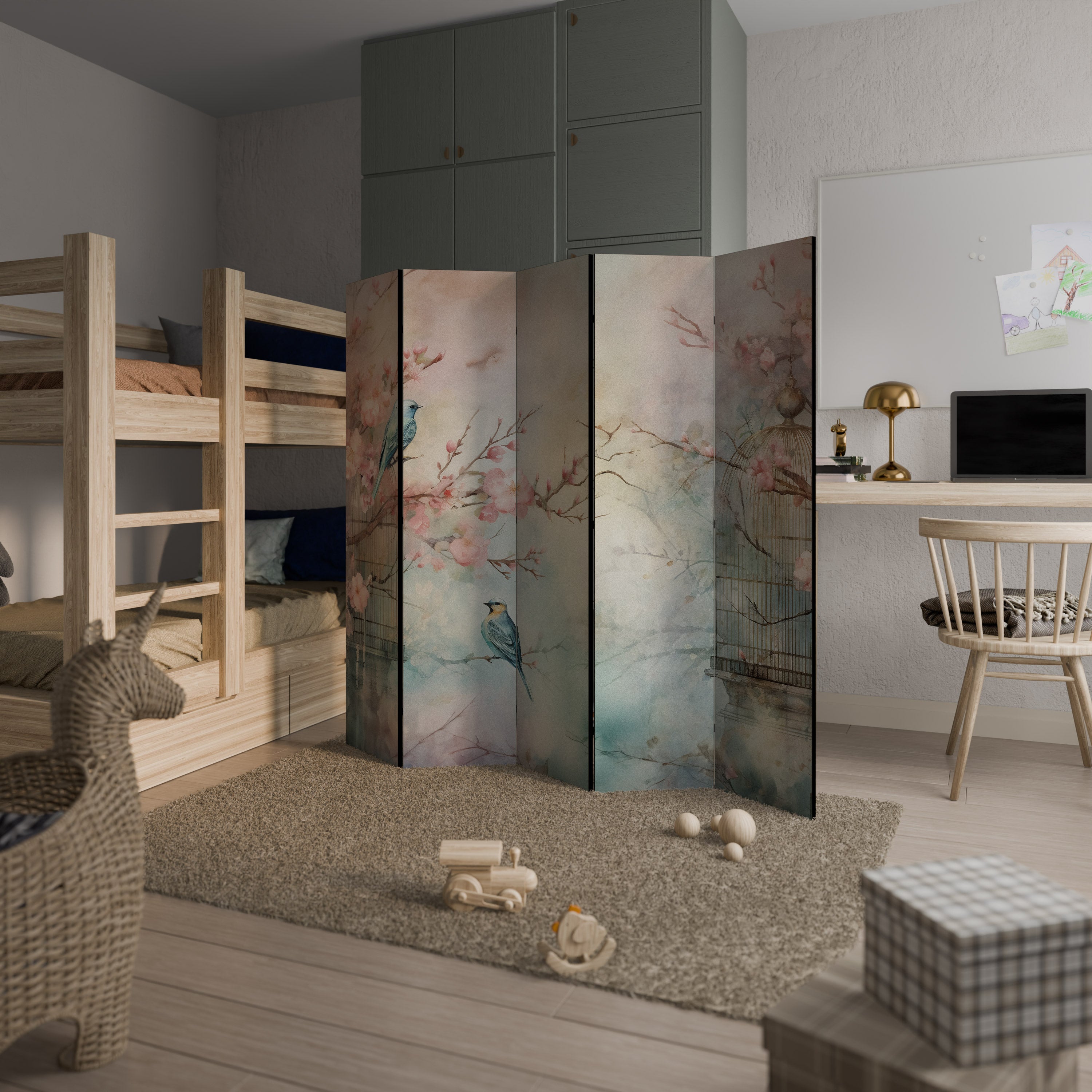 Biombo decorativo de 5 paneles CHERRY BIRDSONG