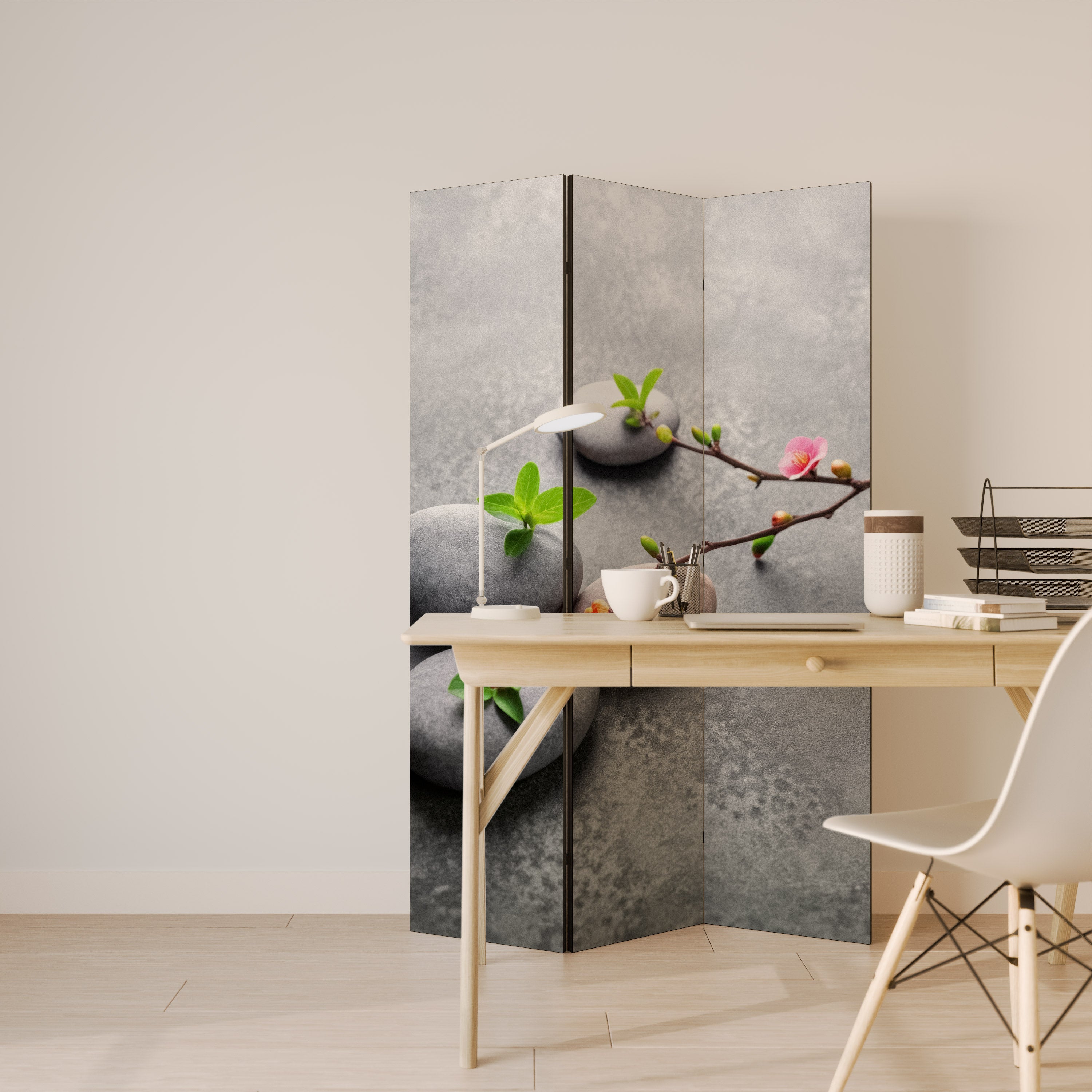 Biombo decorativo de 3 paneles STONES AND BLOSSOMS