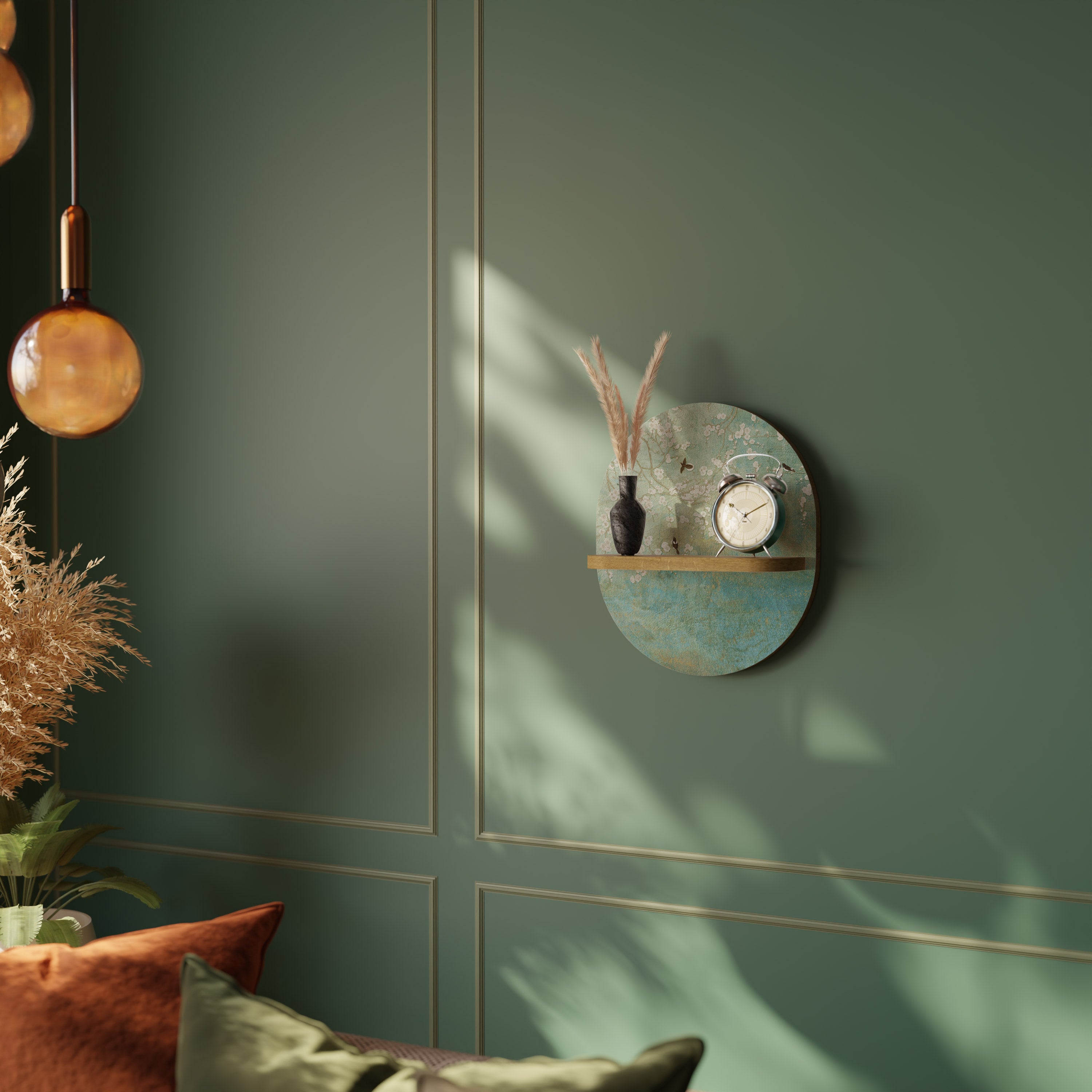 Estantería de arte ovalada BLOOMING CHARM con efecto roble