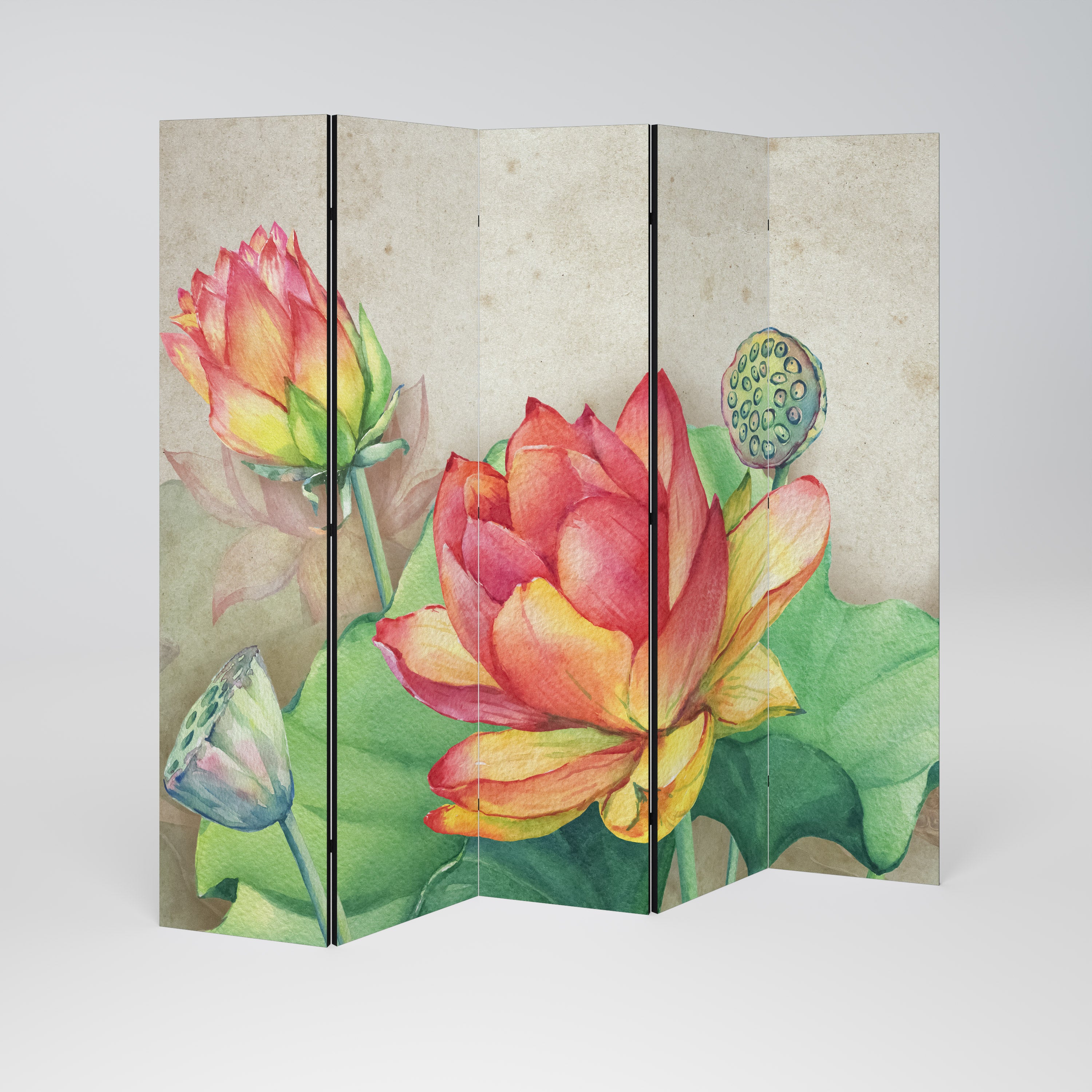 Biombo decorativo de 5 paneles con flores de loto susurrantes