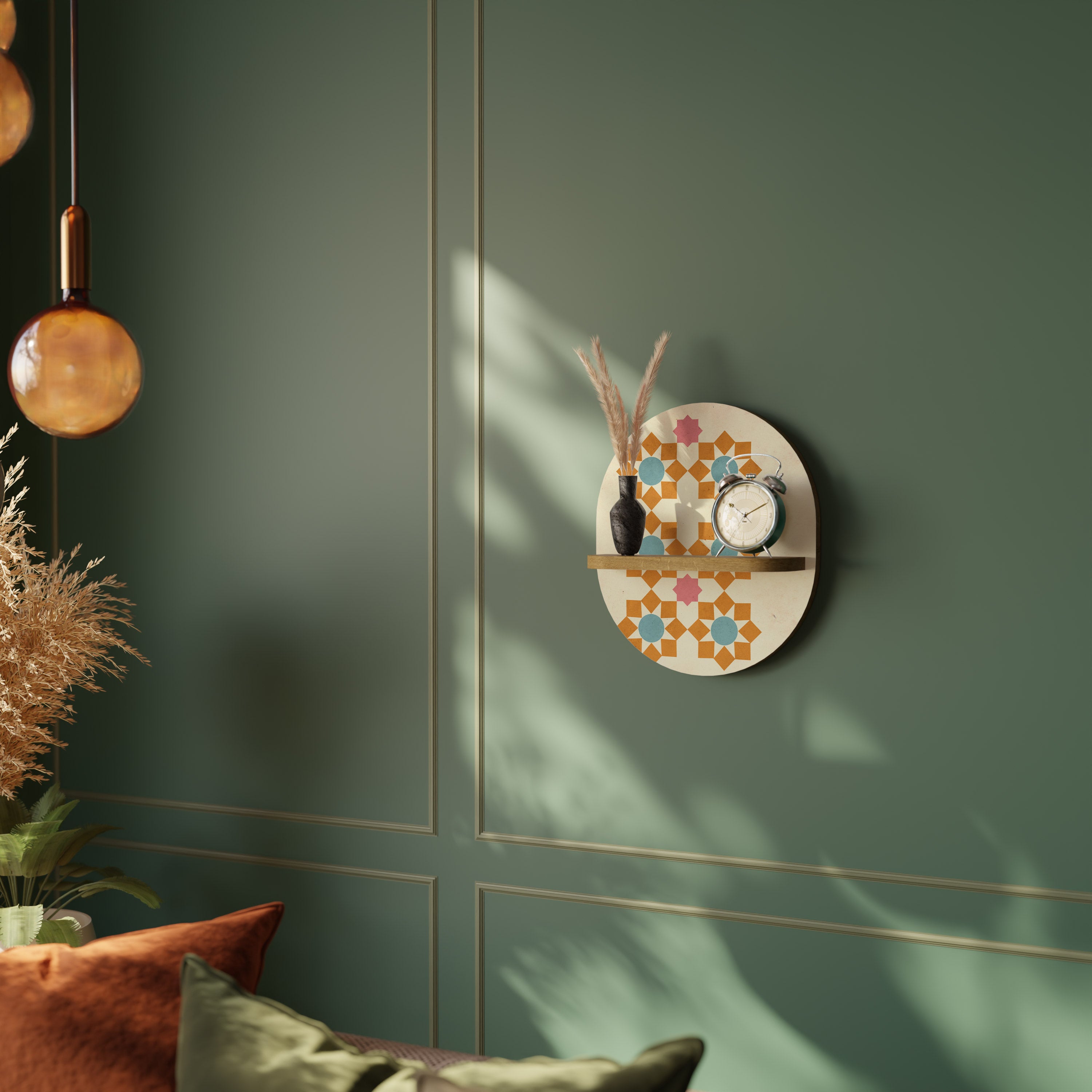 Estantería de arte ovalada con efecto roble para decoración floral