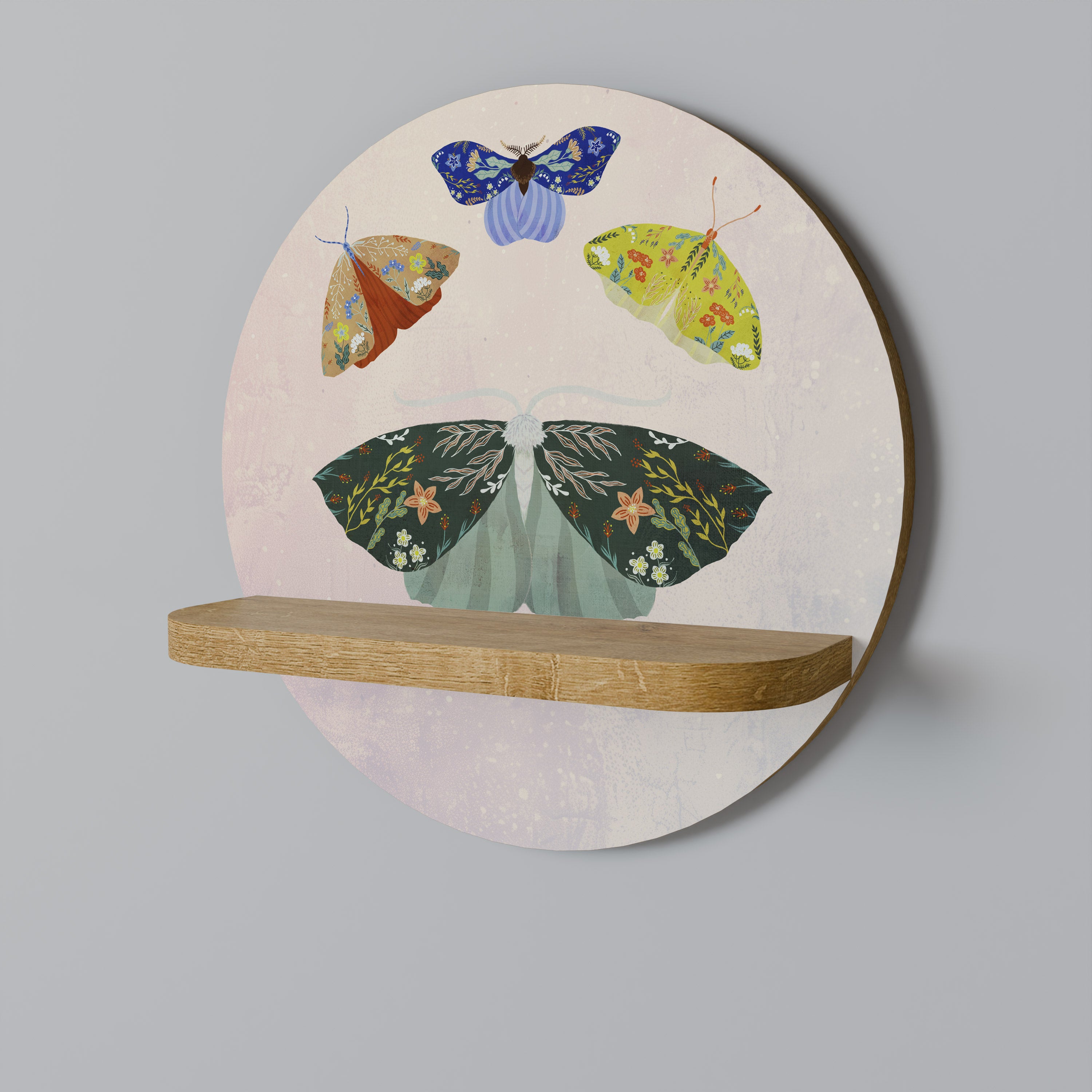 Estantería de arte redonda con efecto roble MOTH INTO THE LIGHT