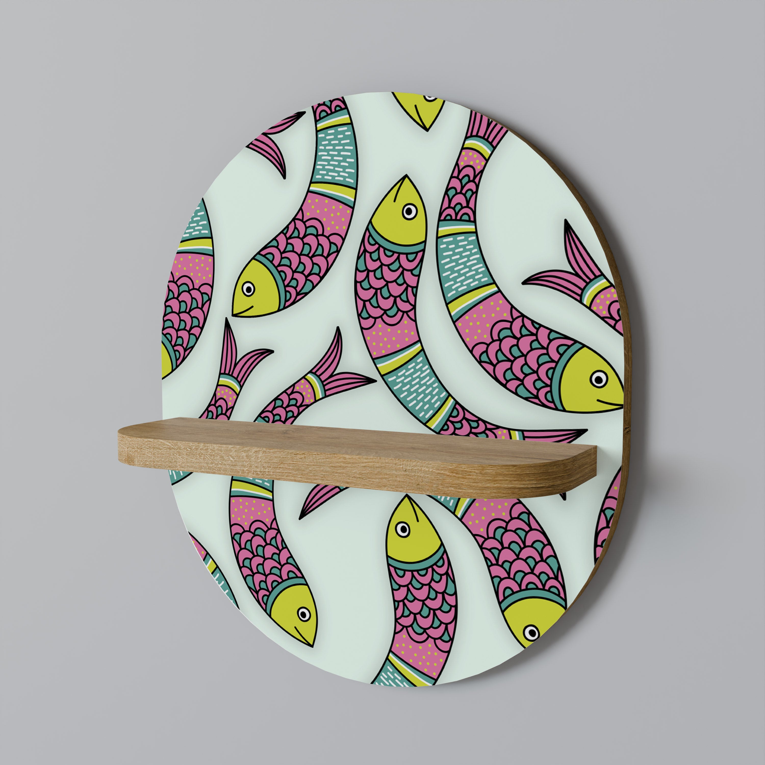 Estantería de arte ovalada INDIAN FISH con efecto roble