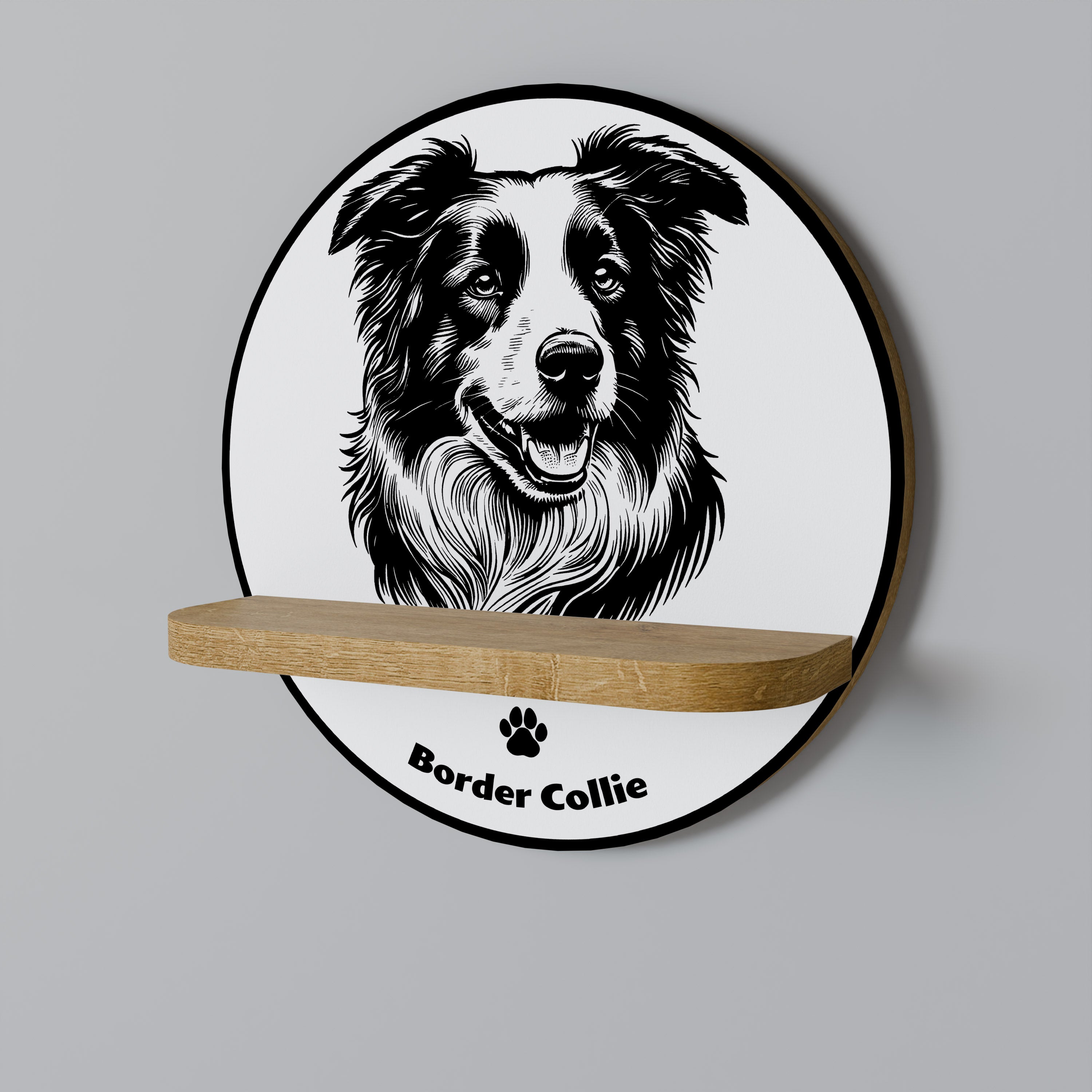 Estantería de arte redonda BORDER COLLIE con efecto roble