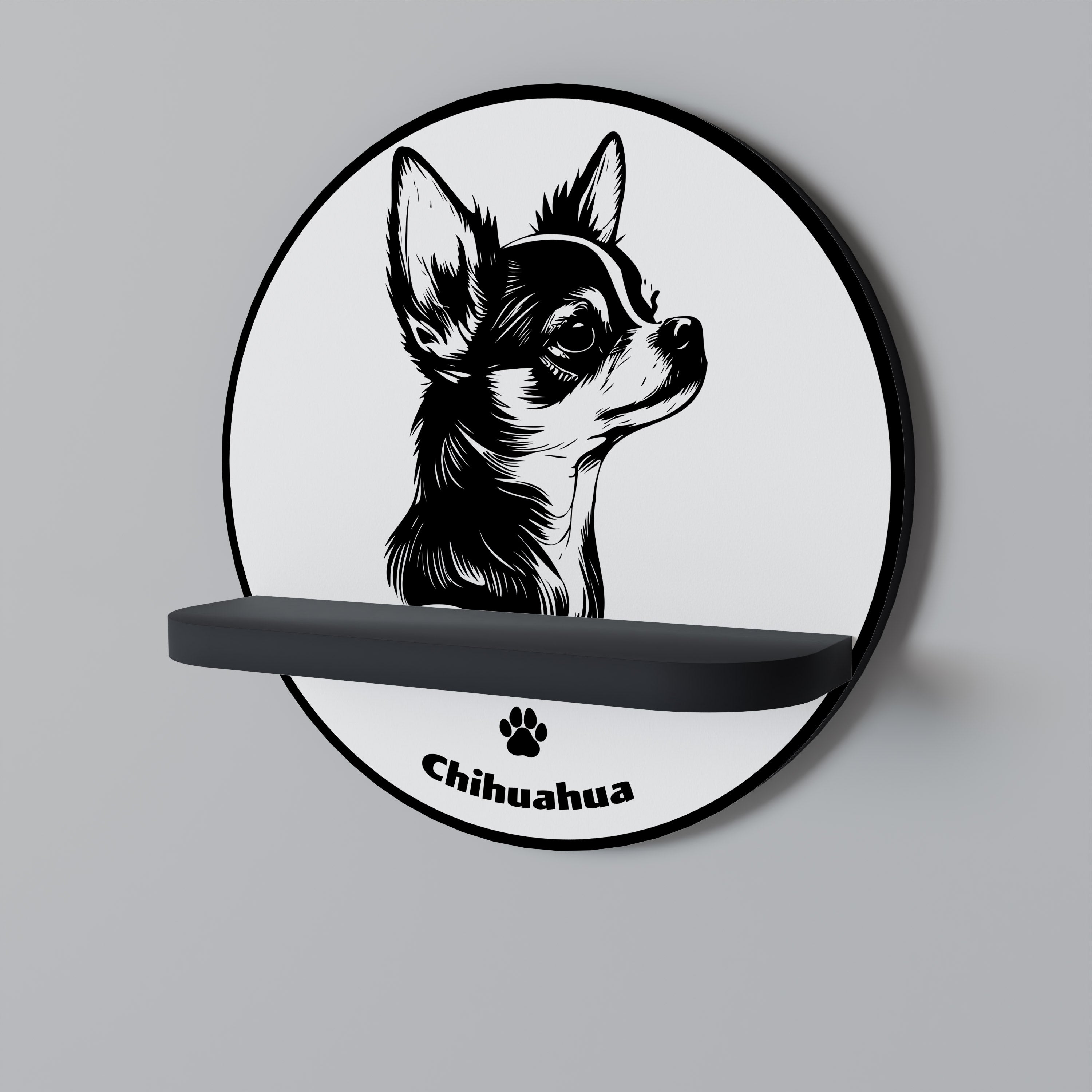 Estantería de arte redonda con diseño de perro chihuahua en acabado negro