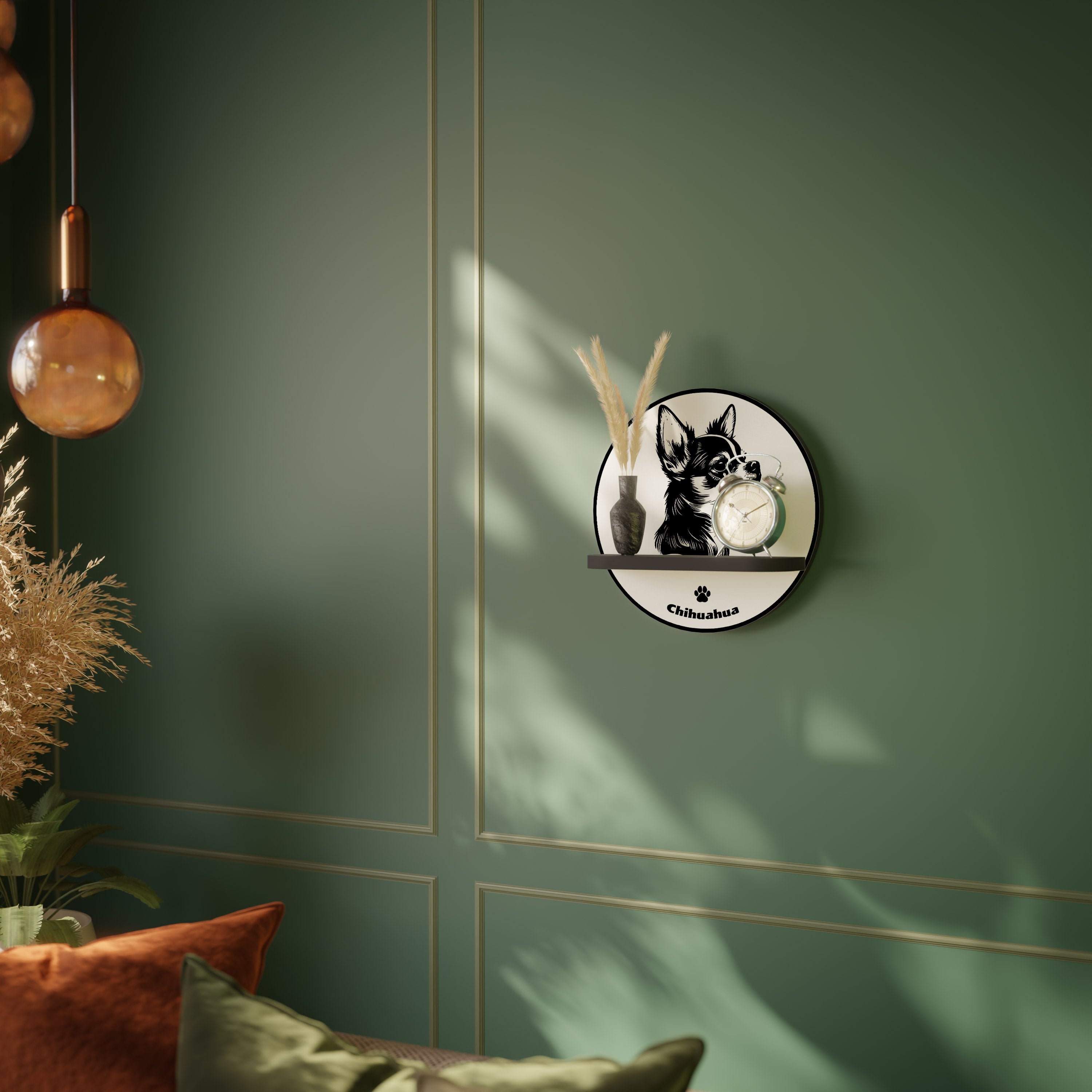 Estantería de arte redonda con diseño de perro chihuahua en acabado negro