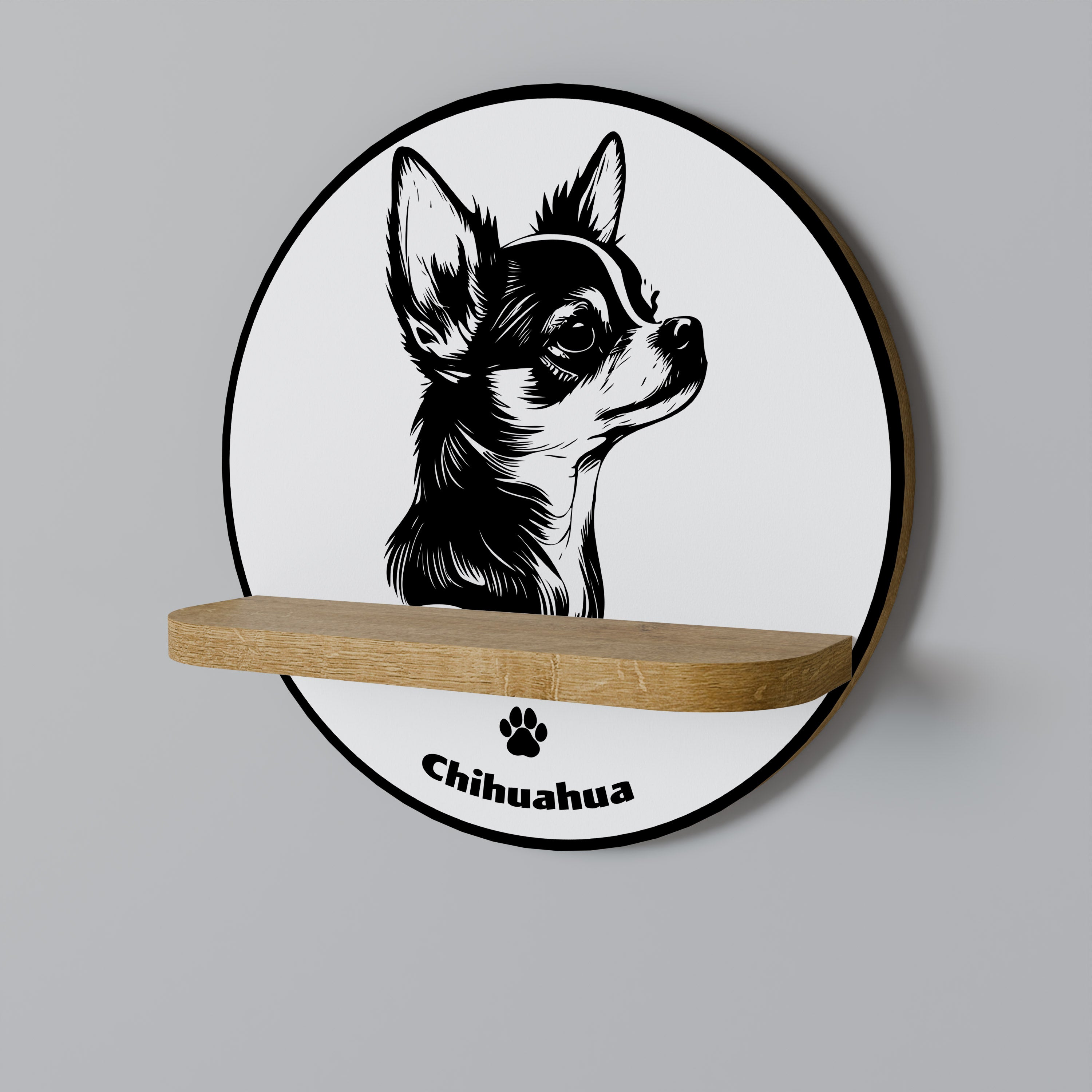 Estantería redonda de arte con diseño de perro chihuahua en efecto roble