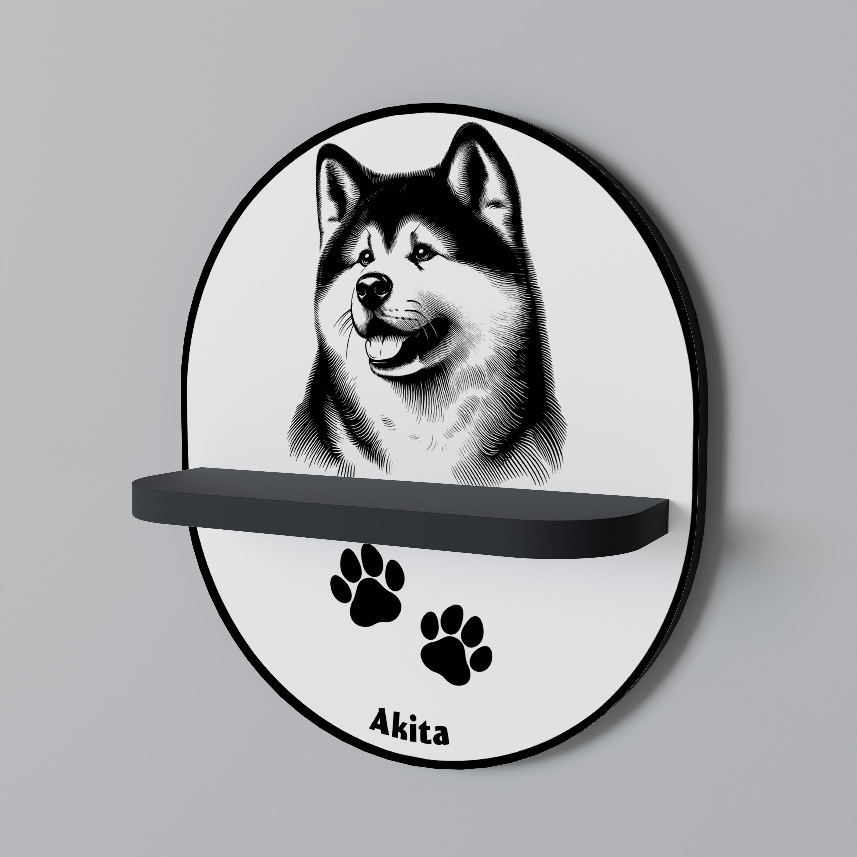 Estantería de arte ovalada con diseño de perro Akita en acabado negro