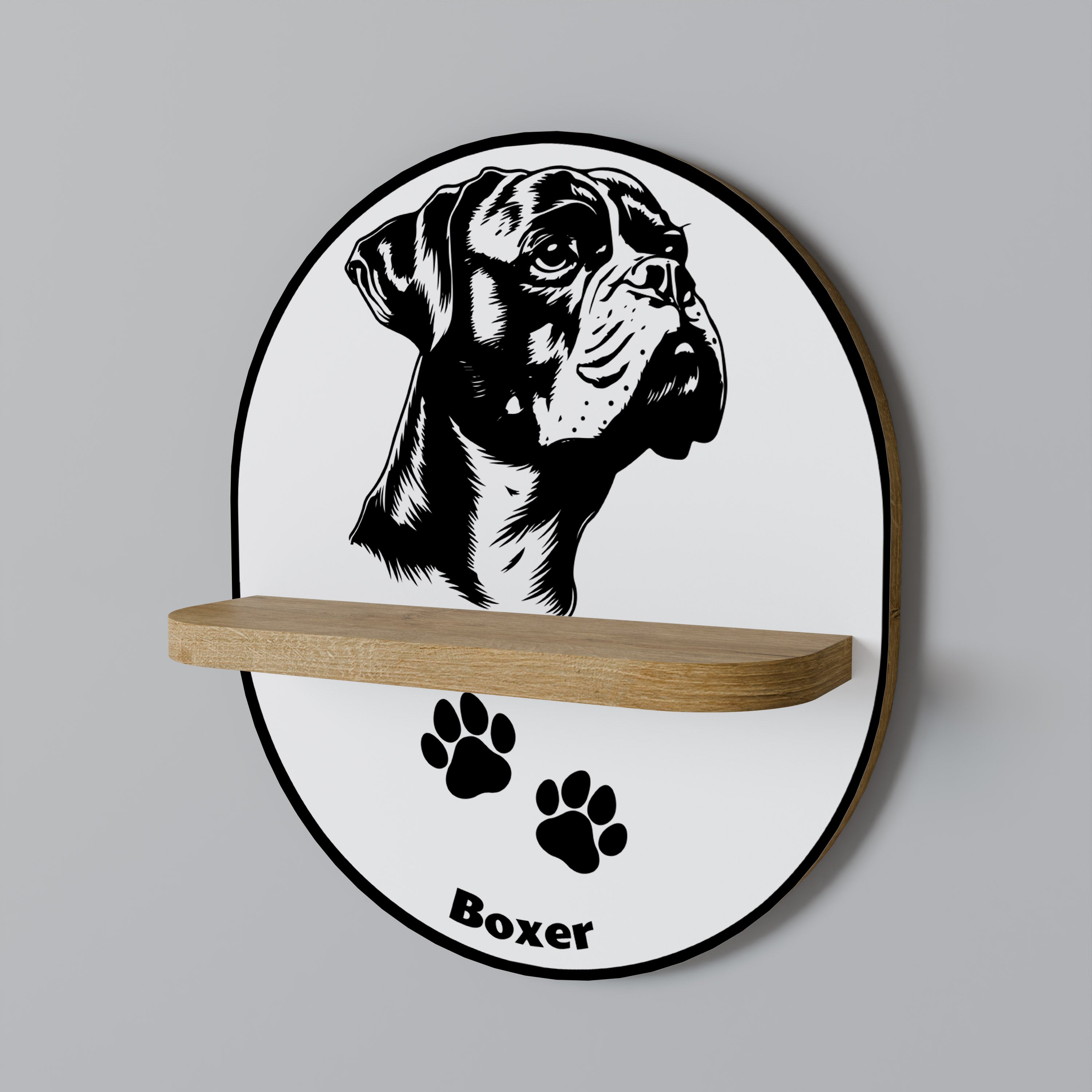 Estantería de arte ovalada con diseño de perro boxer en efecto roble