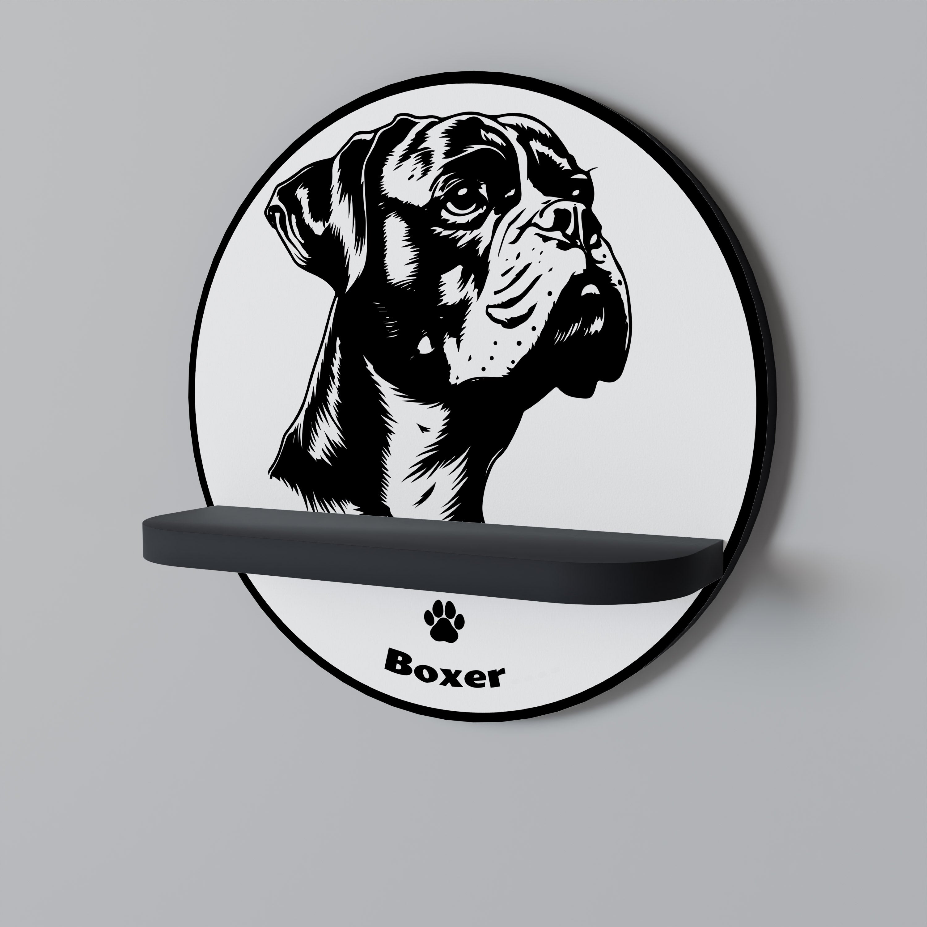 Estantería redonda de arte con diseño de perro boxer en acabado negro