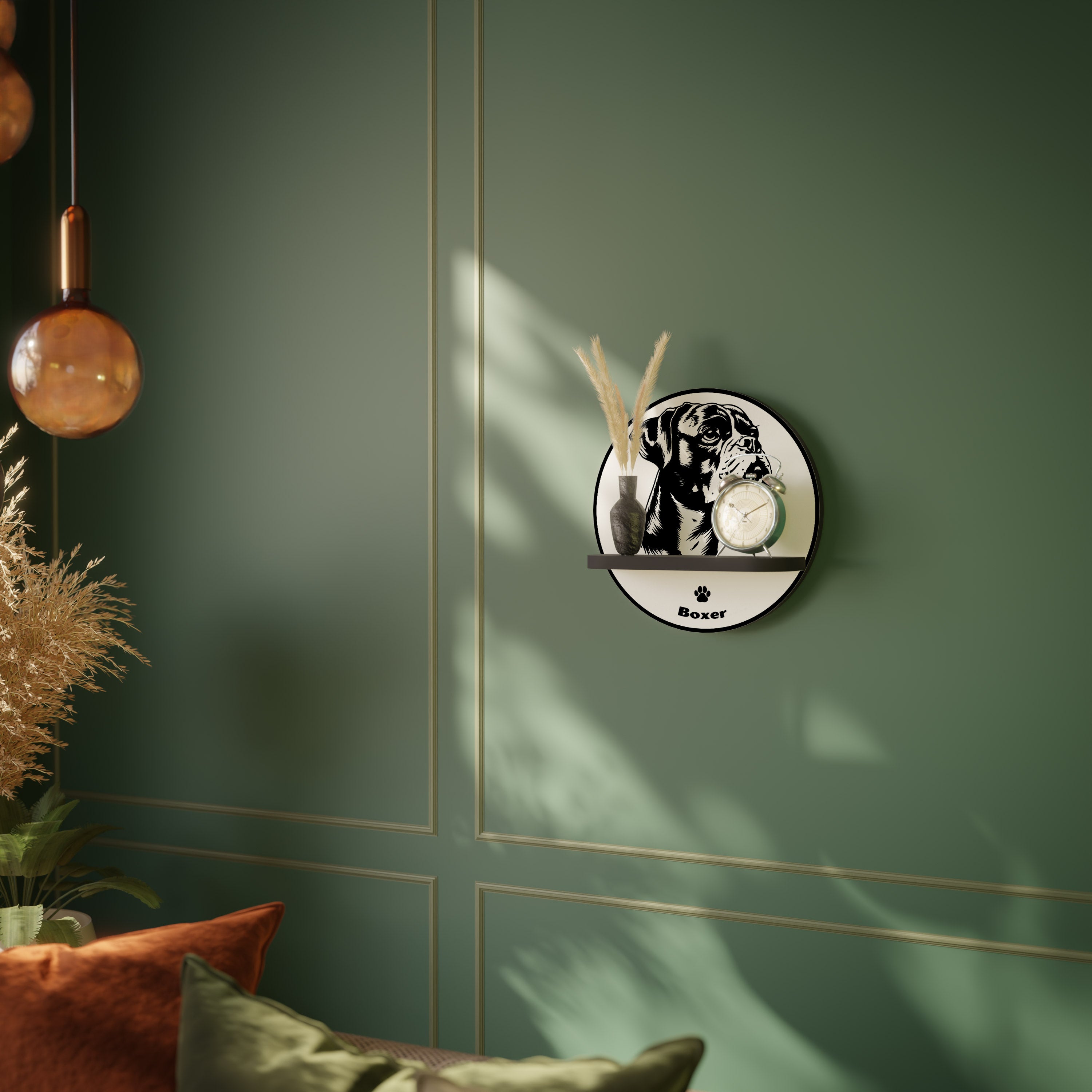 Estantería redonda de arte con diseño de perro boxer en acabado negro