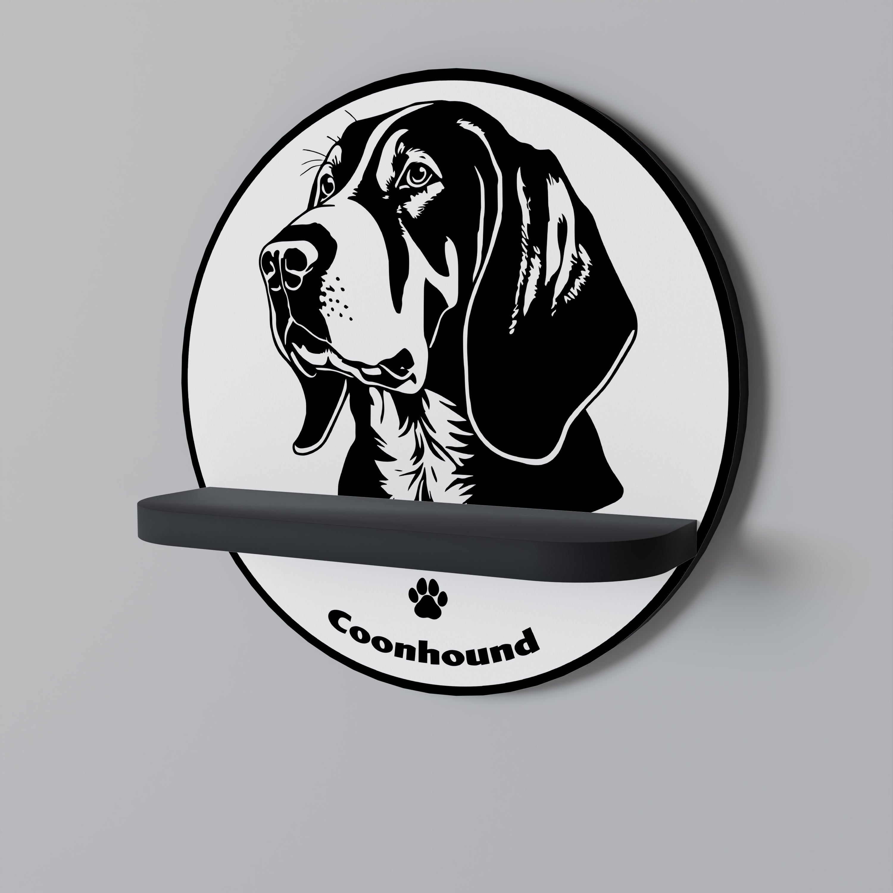 Estantería redonda para arte con diseño de perro coonhound en acabado negro