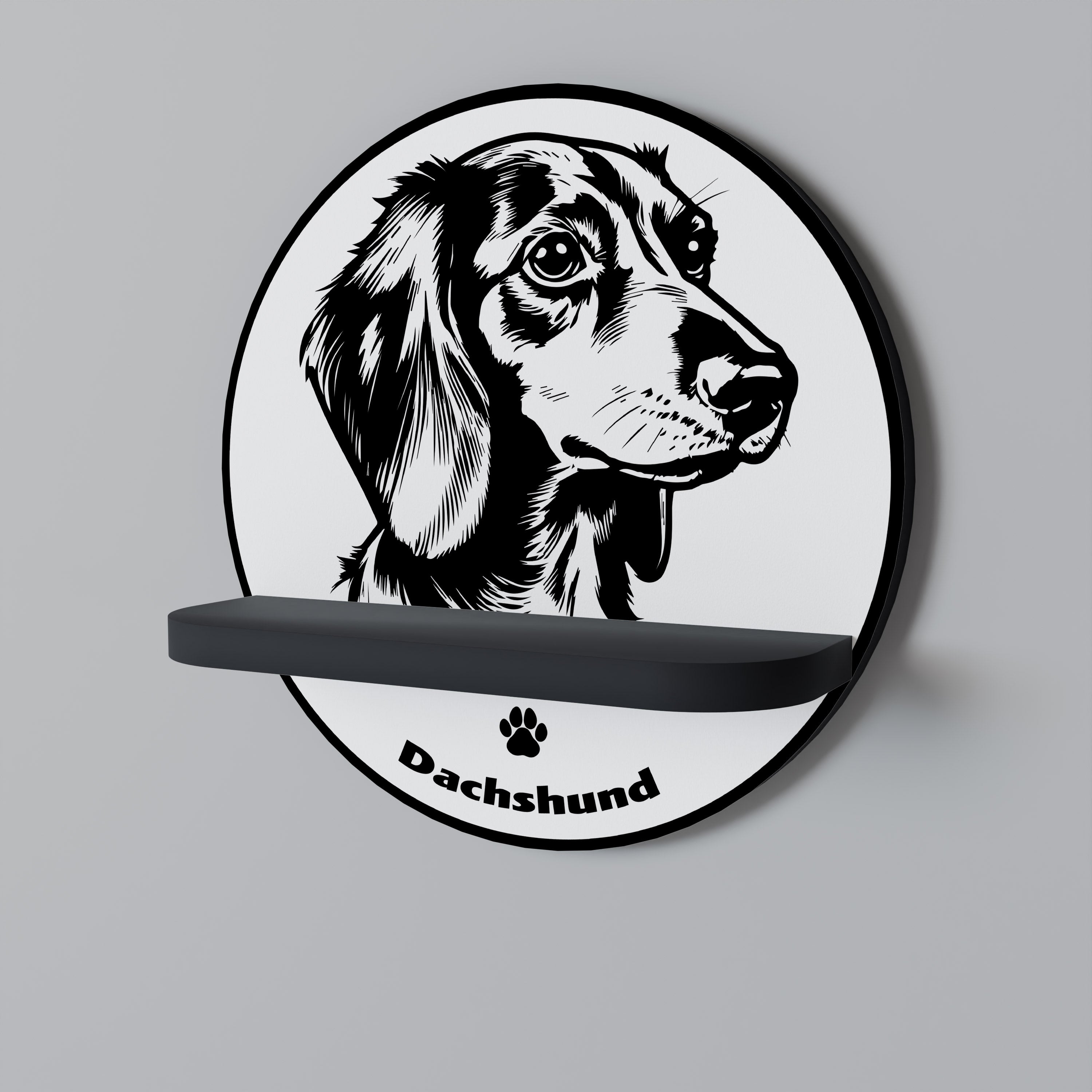 Estantería redonda para arte con forma de perro salchicha en acabado negro