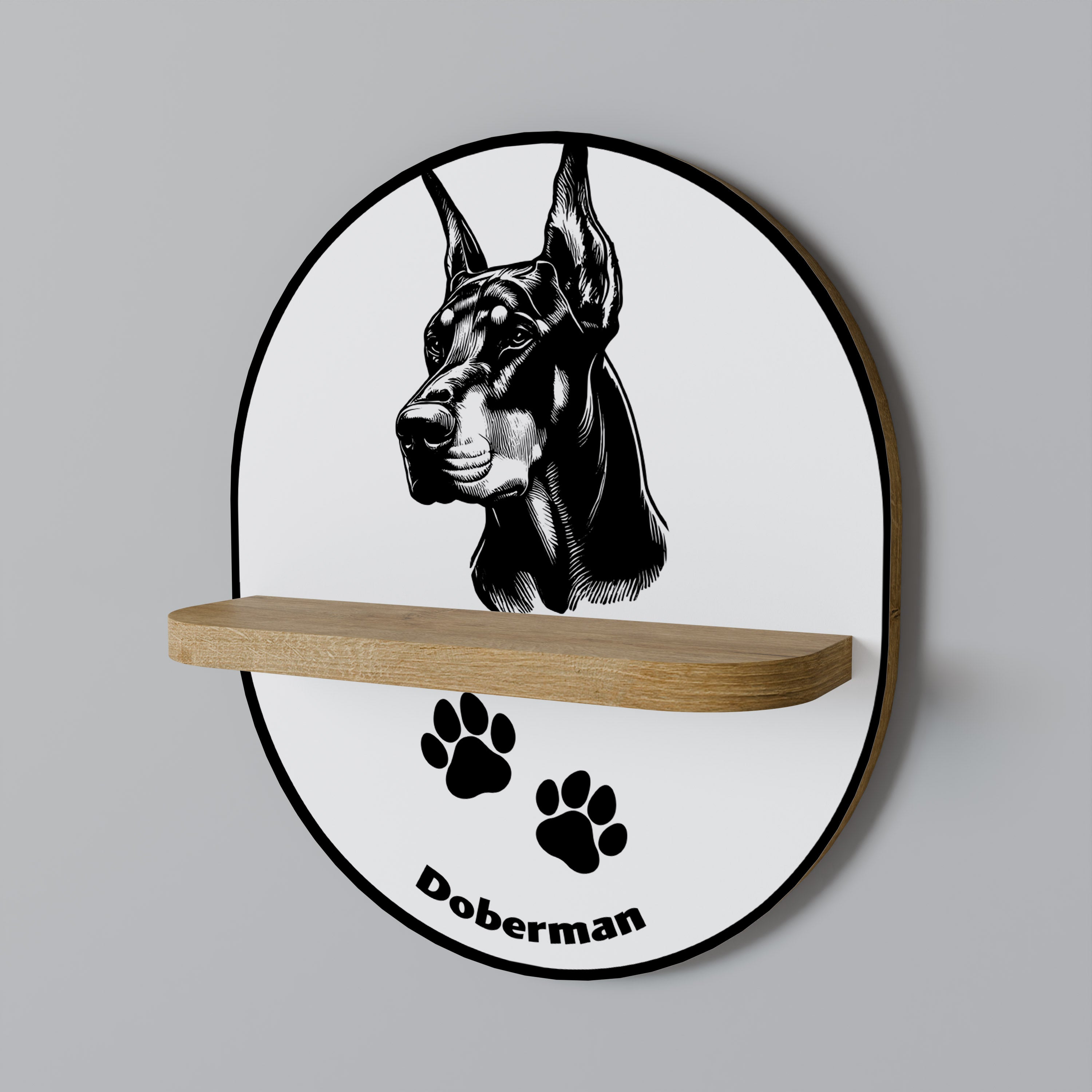 Estantería de arte ovalada con diseño de perro dóberman en efecto roble