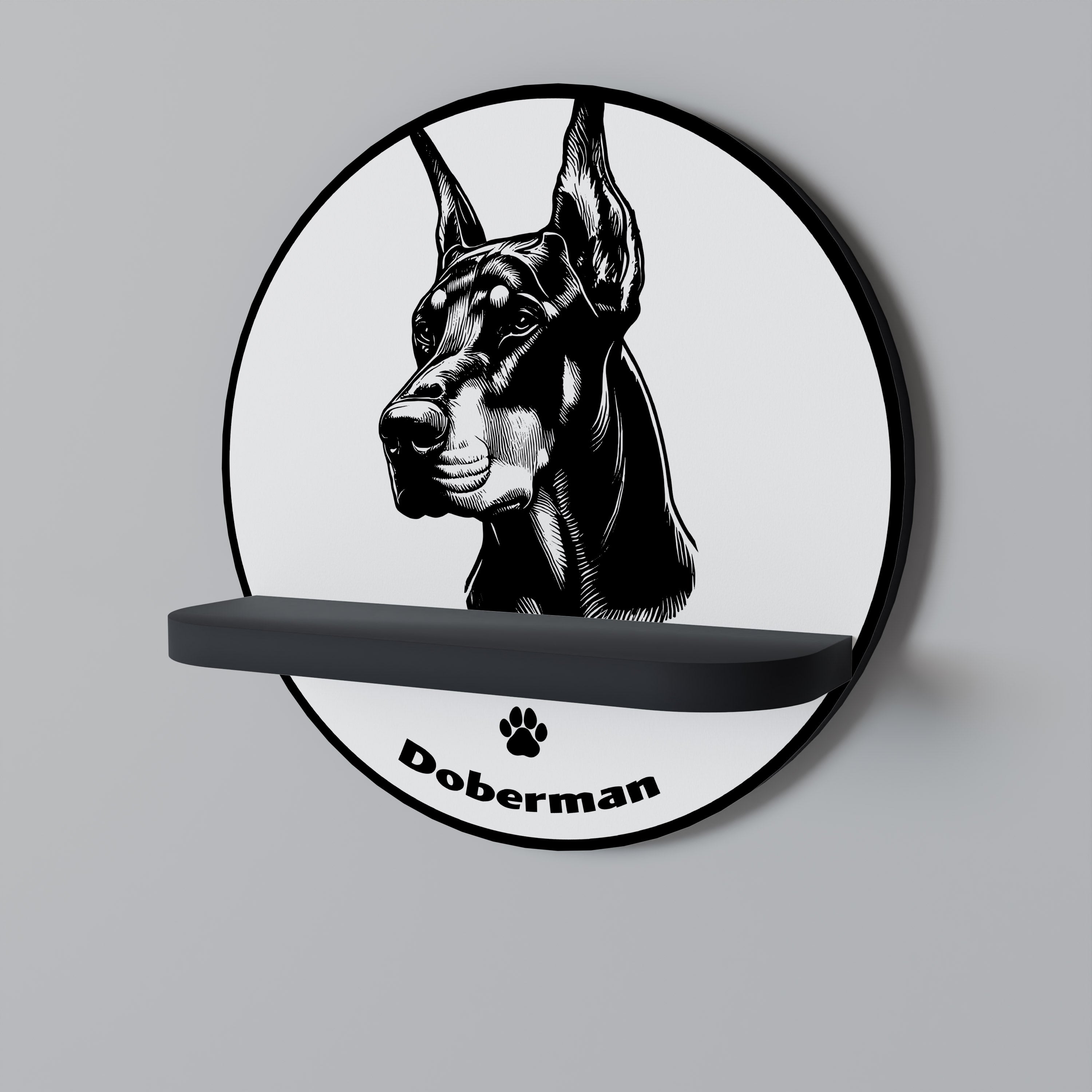 Estantería redonda de arte con diseño de perro dóberman en acabado negro