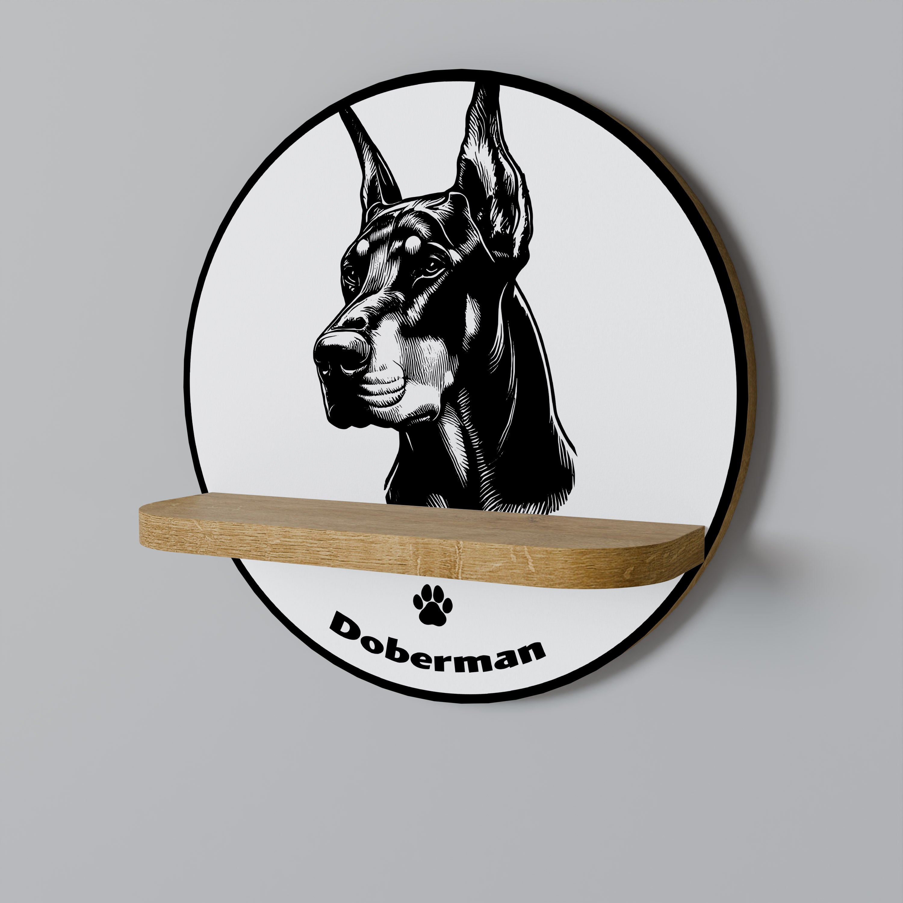 Estantería redonda de arte con diseño de perro dóberman en efecto roble