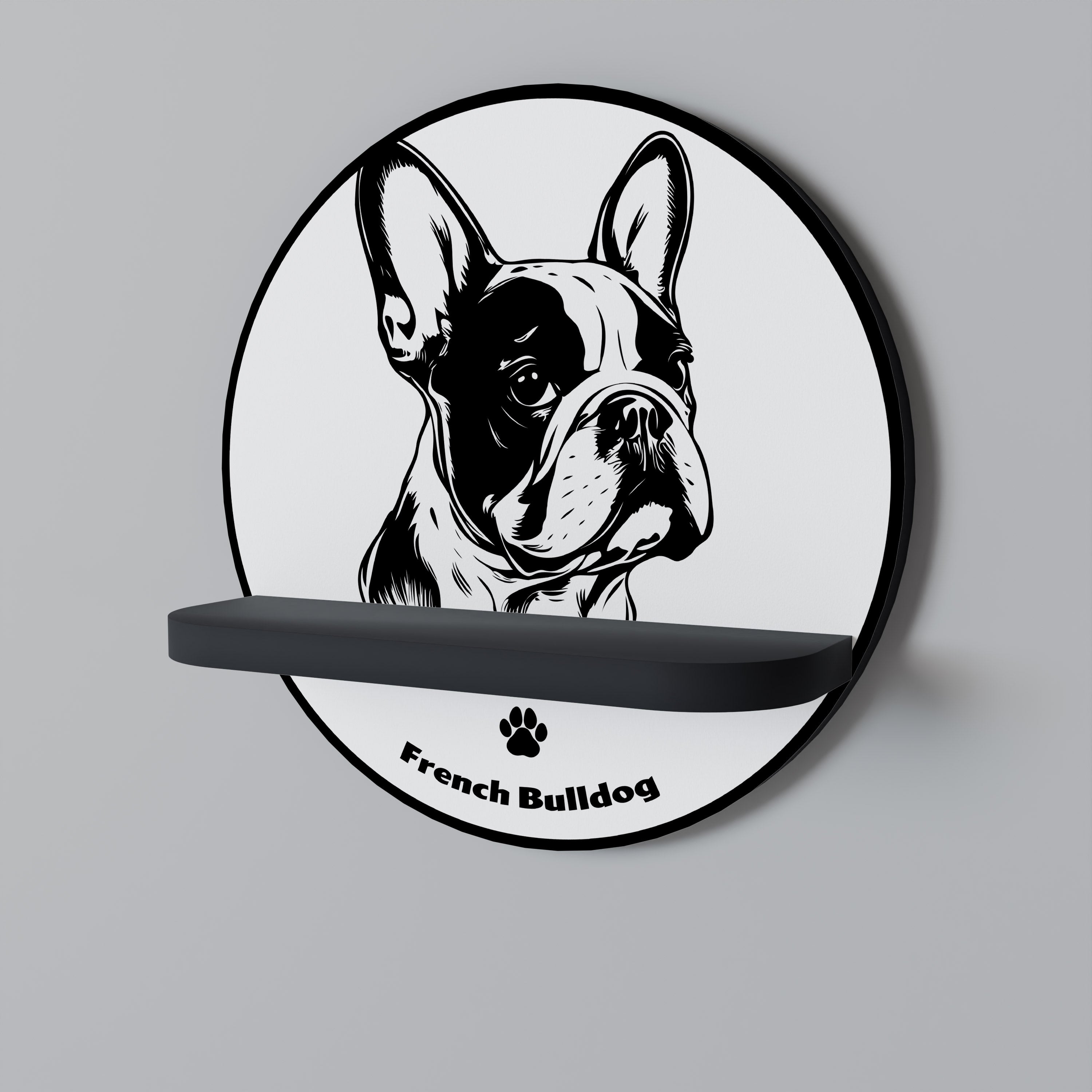Estantería redonda de arte con diseño de bulldog francés en acabado negro
