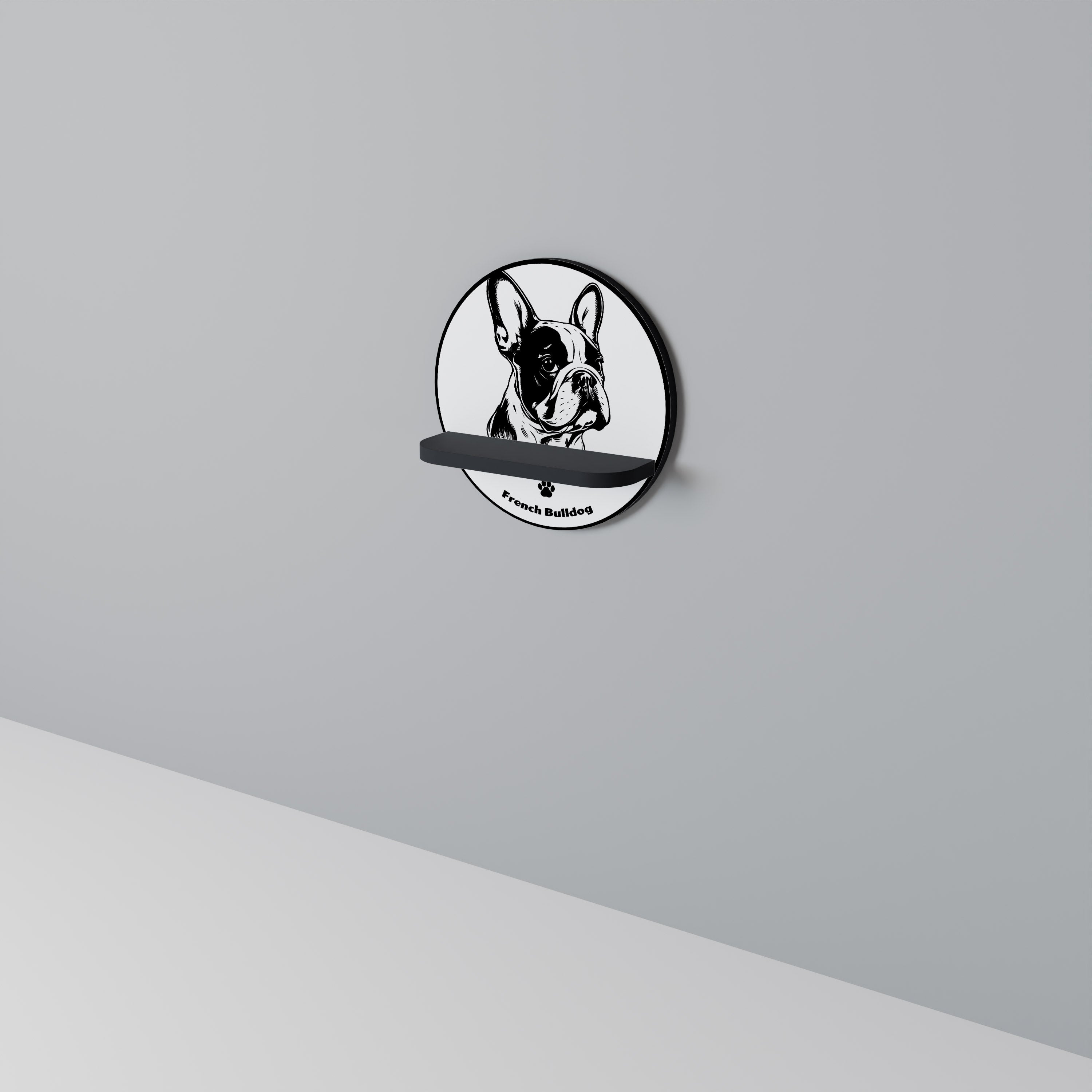 Estantería redonda de arte con diseño de bulldog francés en acabado negro