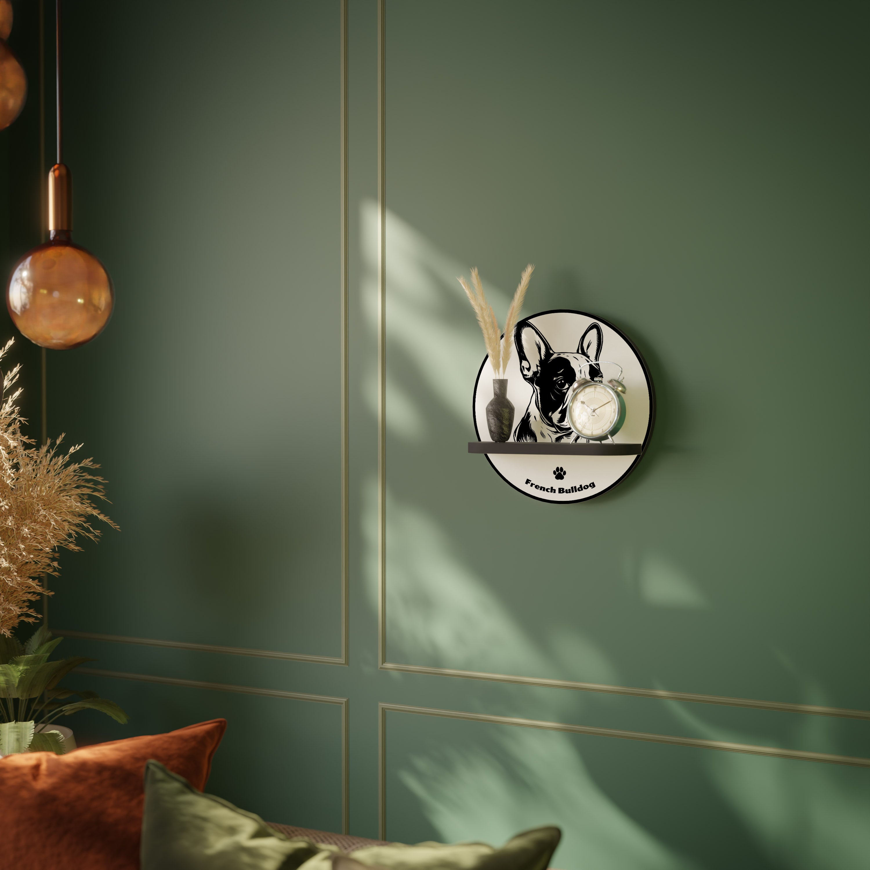 Estantería redonda de arte con diseño de bulldog francés en acabado negro