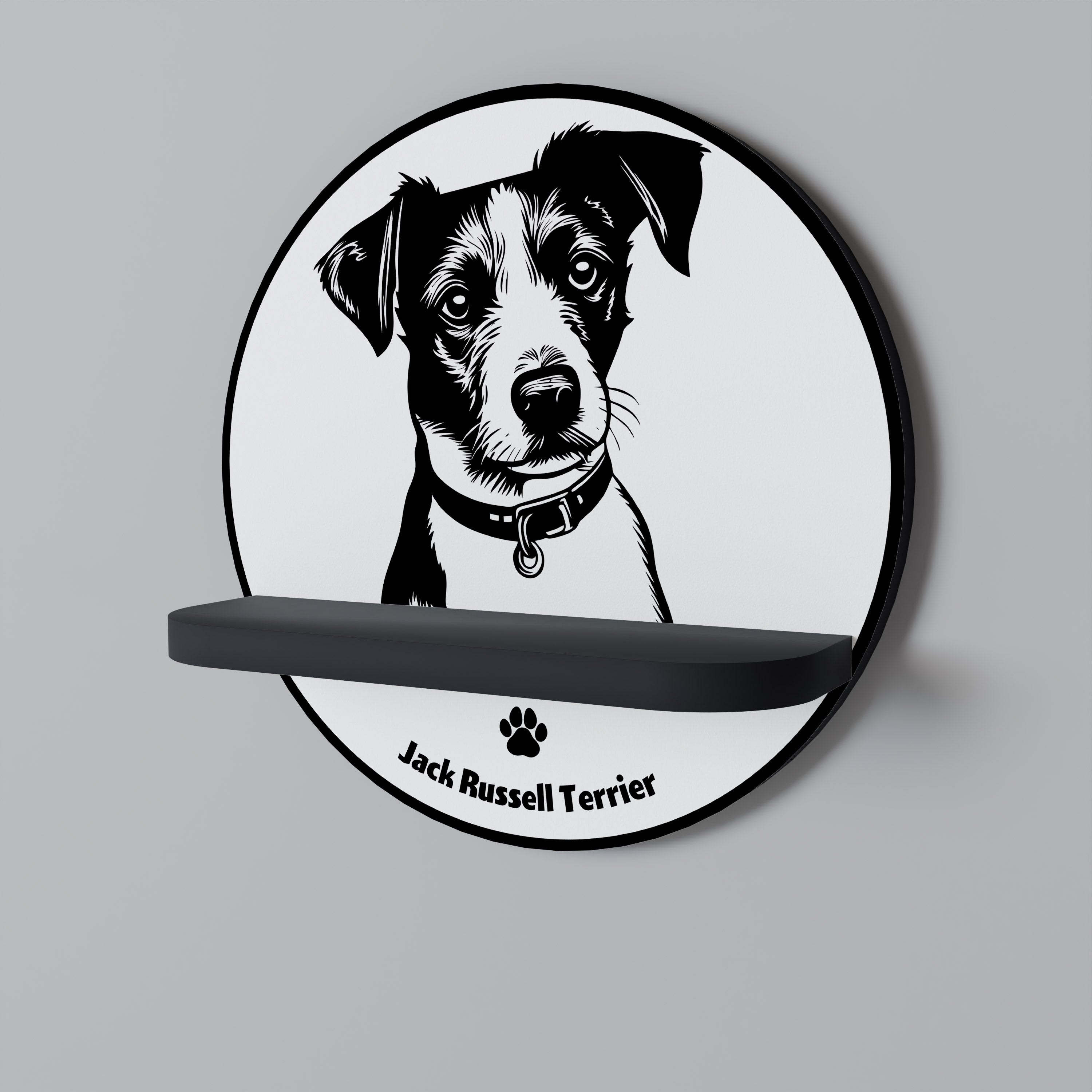 Estantería redonda para arte con diseño de Jack Russell Terrier en acabado negro