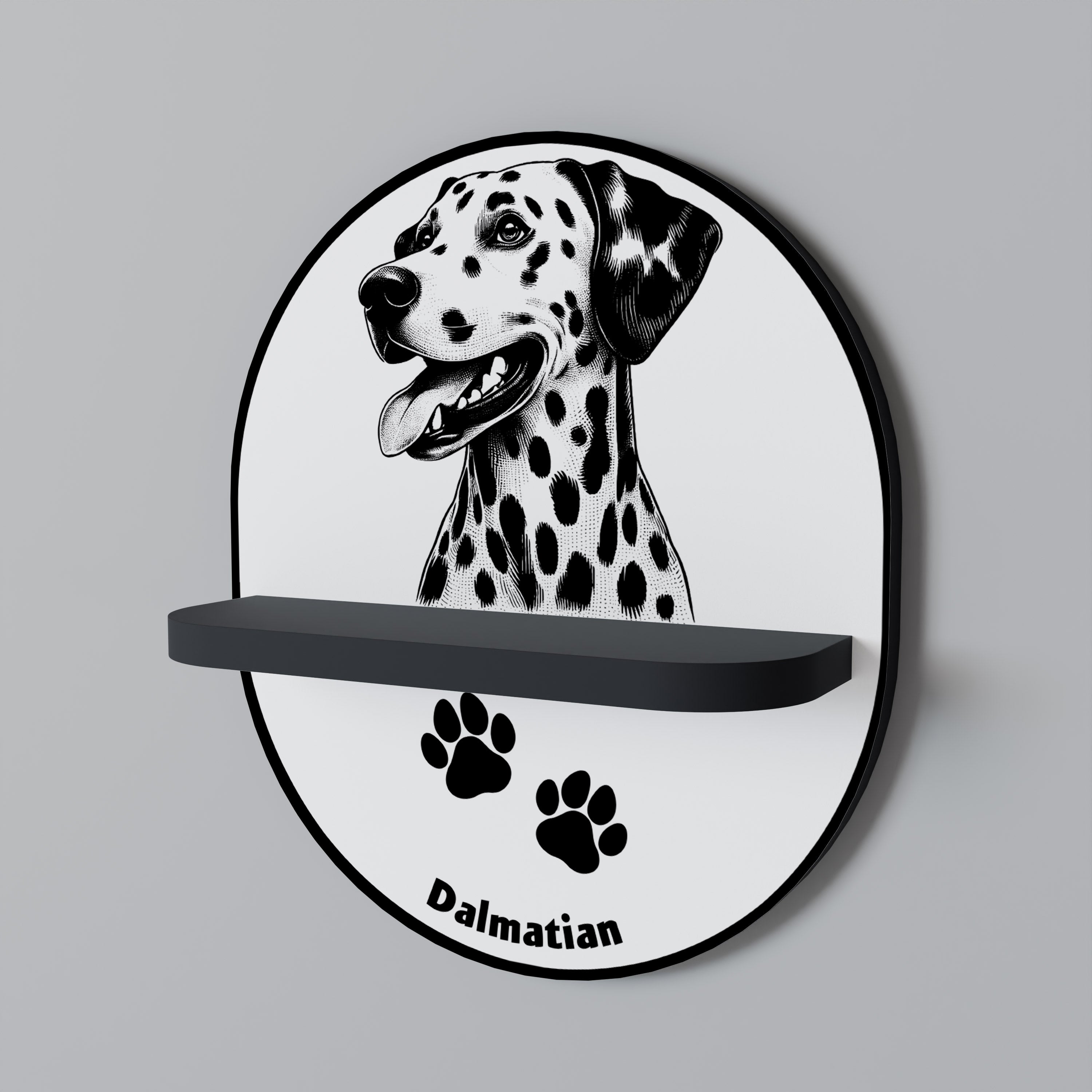 Estantería de arte ovalada con diseño de perro dálmata en acabado negro