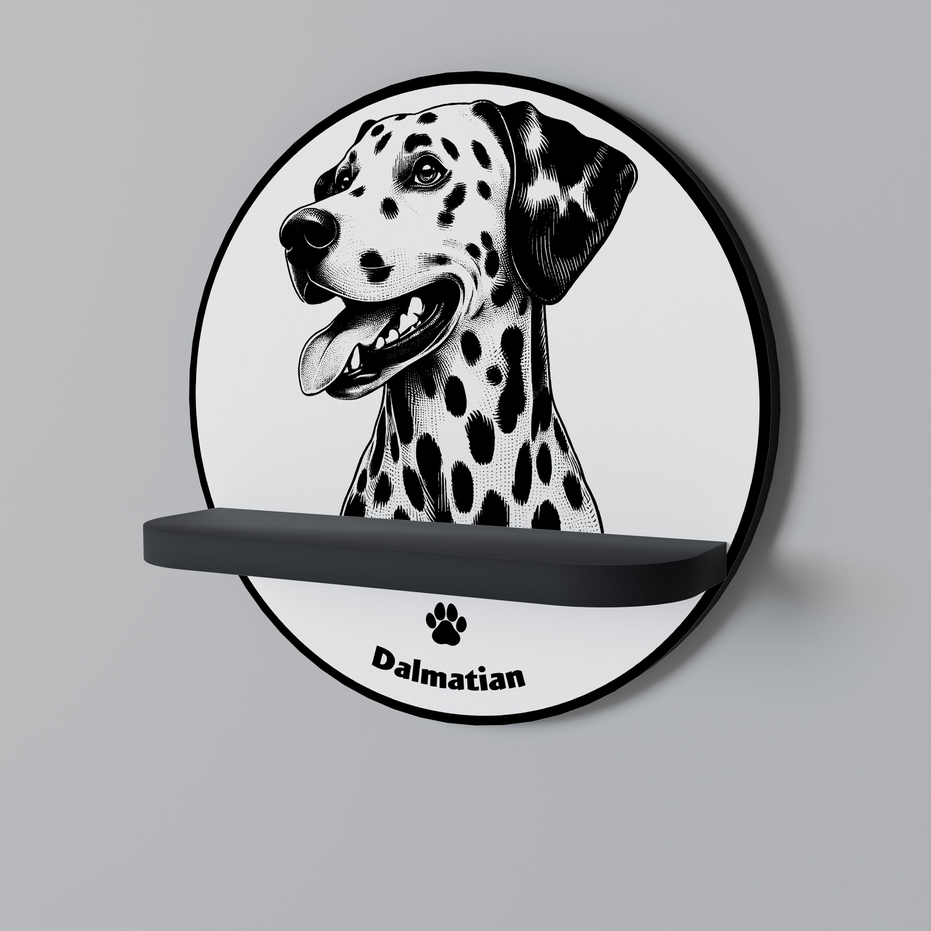 Estantería redonda de arte con diseño de perro dálmata en acabado negro