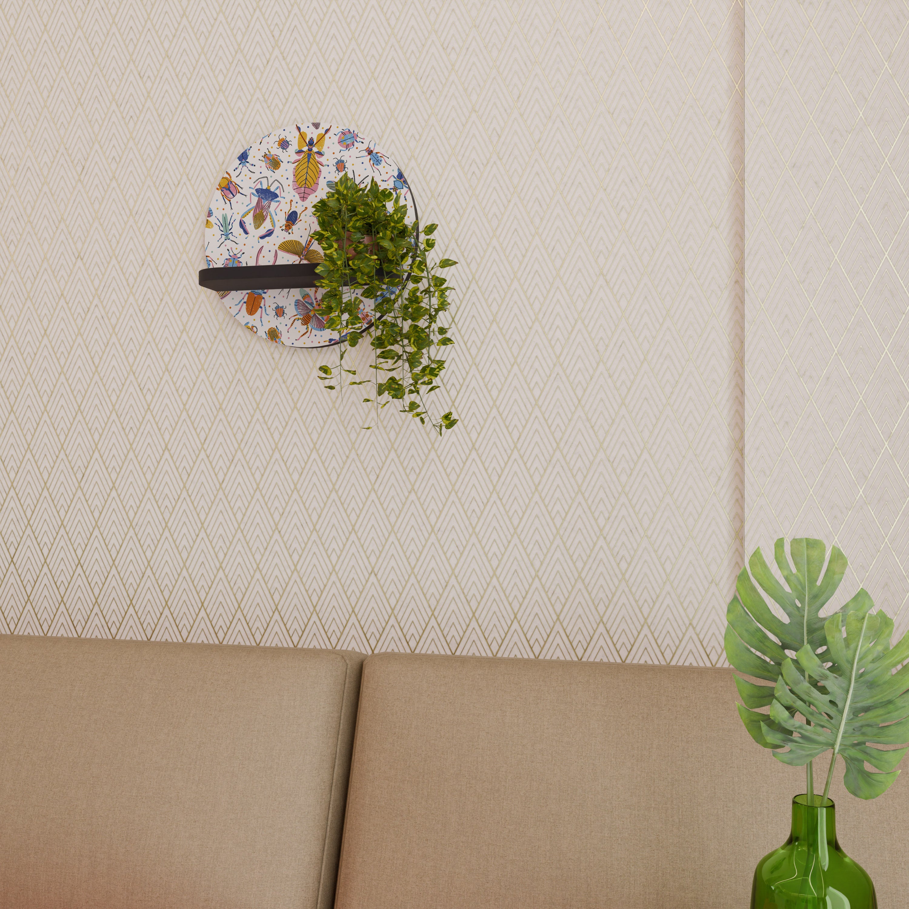 Estantería de arte redonda con diseño de insectos de colores en acabado negro