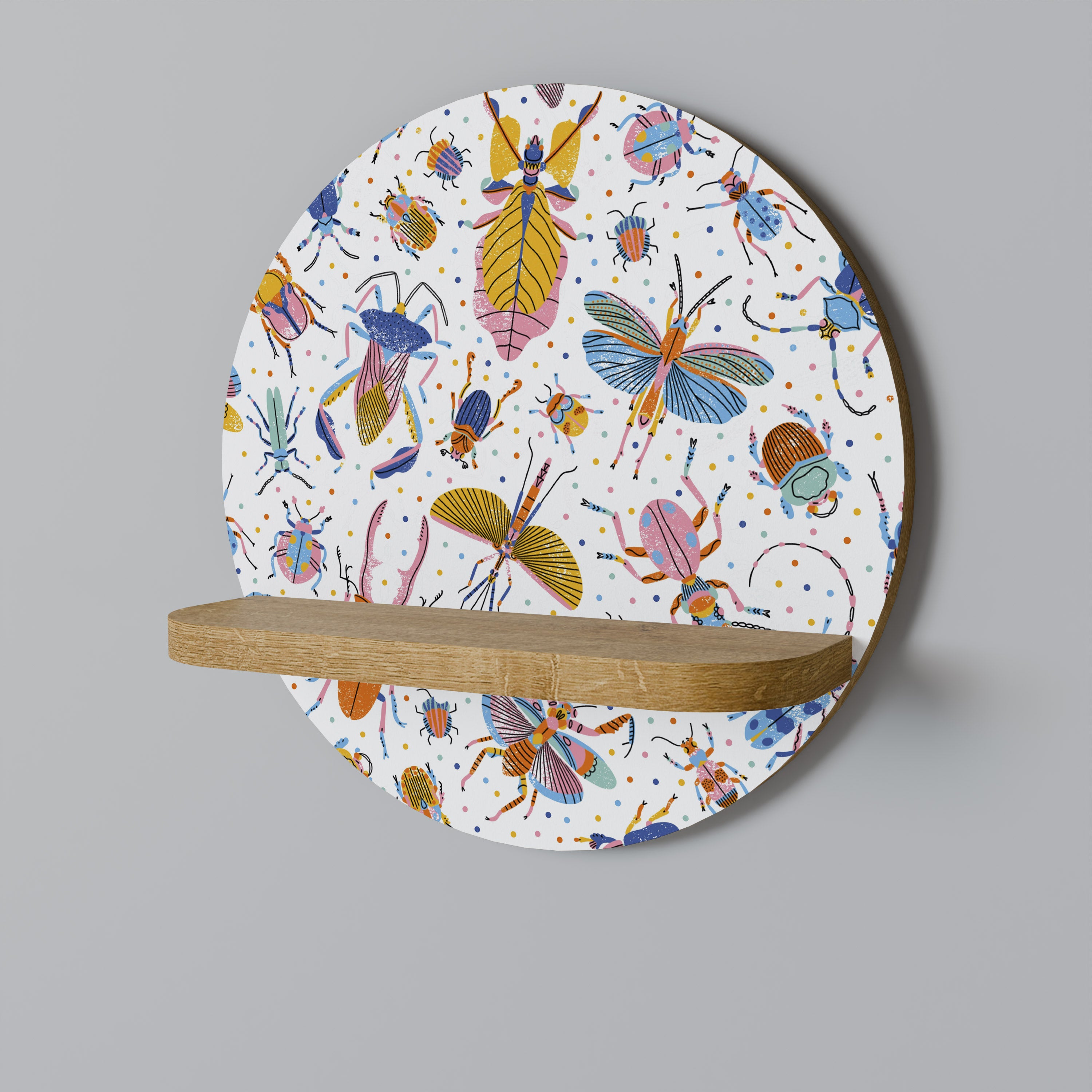 COLORFUL INSECTS Round Art Shelf In Oak Effect
