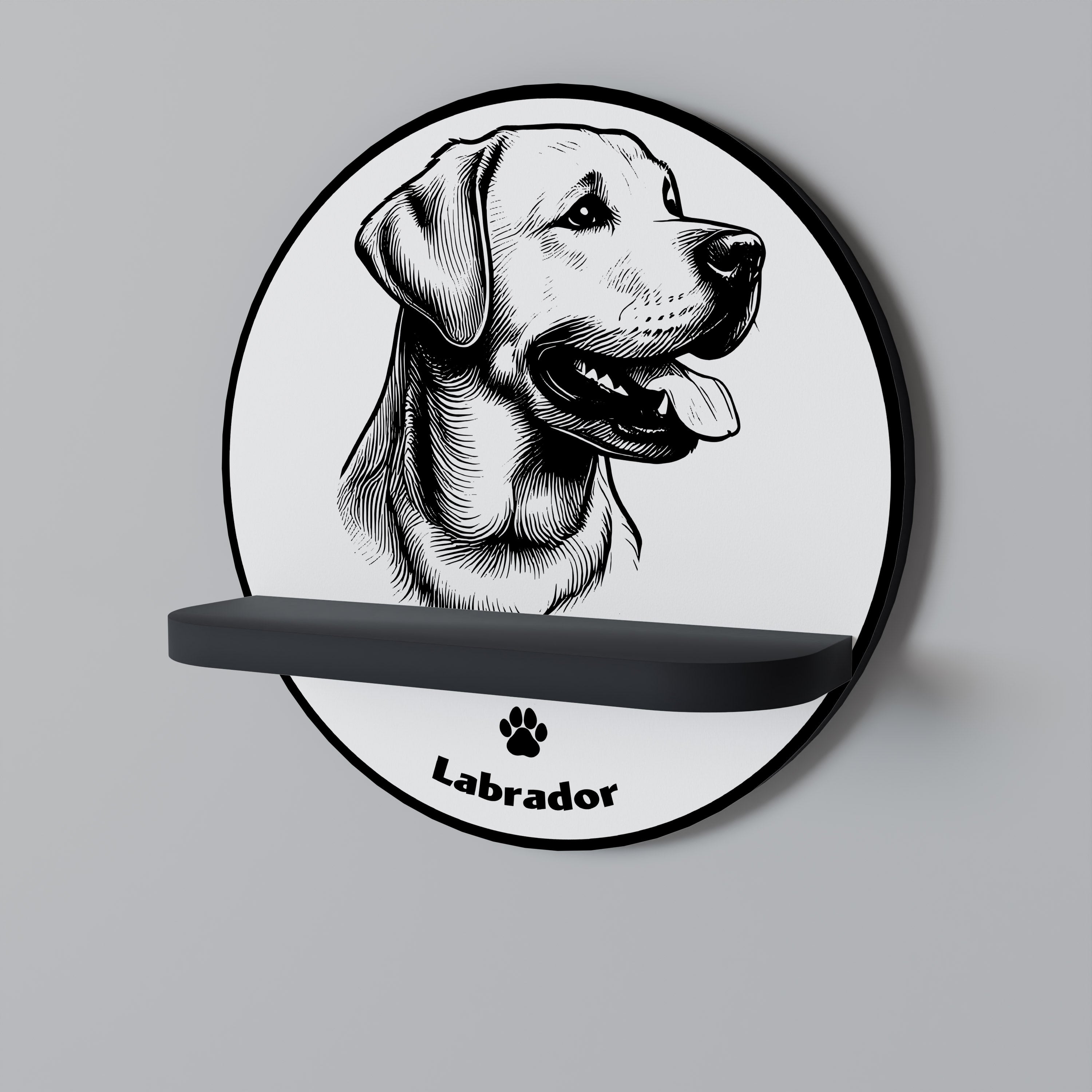 Estantería redonda de arte con forma de perro labrador en acabado negro