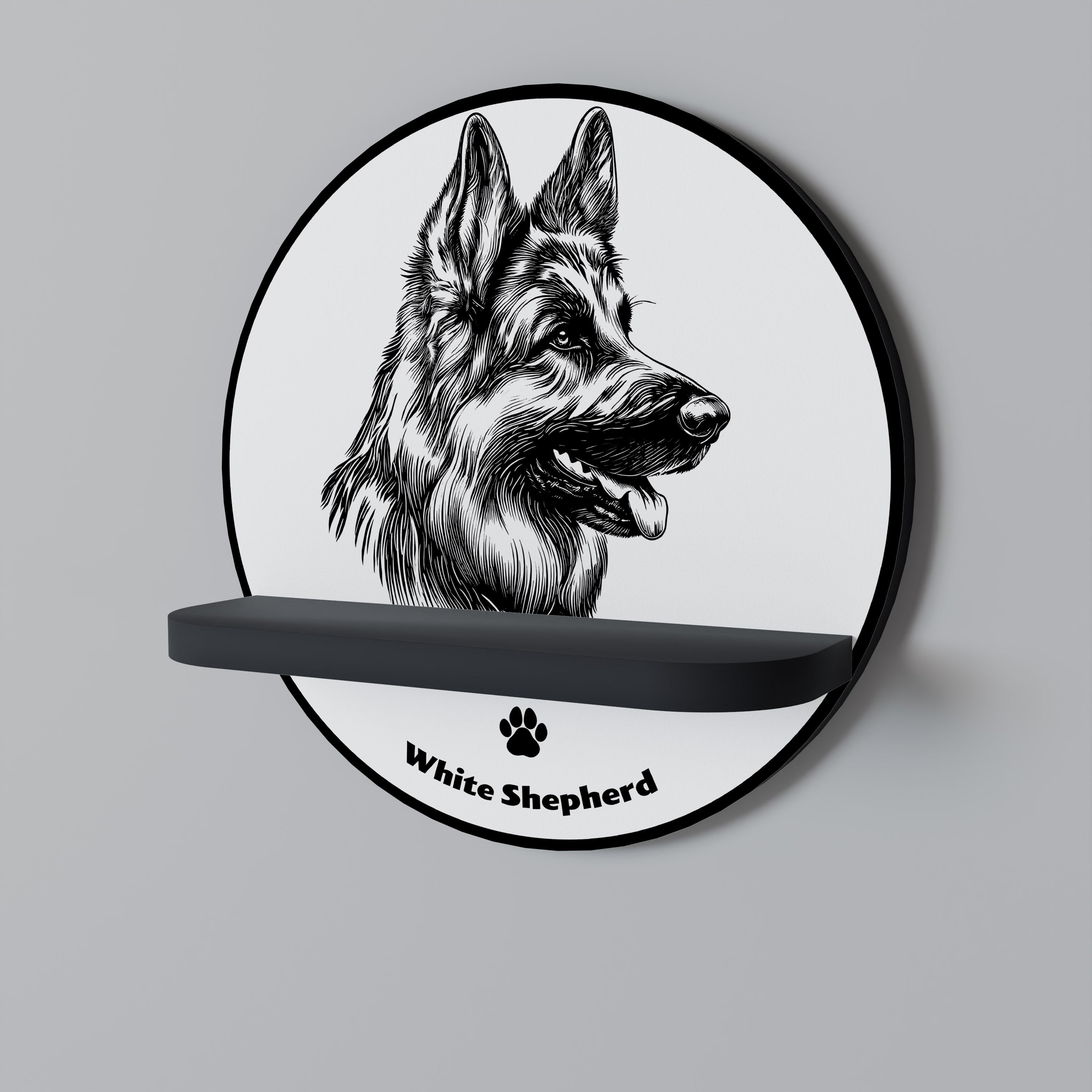 Estantería redonda de arte con diseño de perro pastor blanco y acabado negro