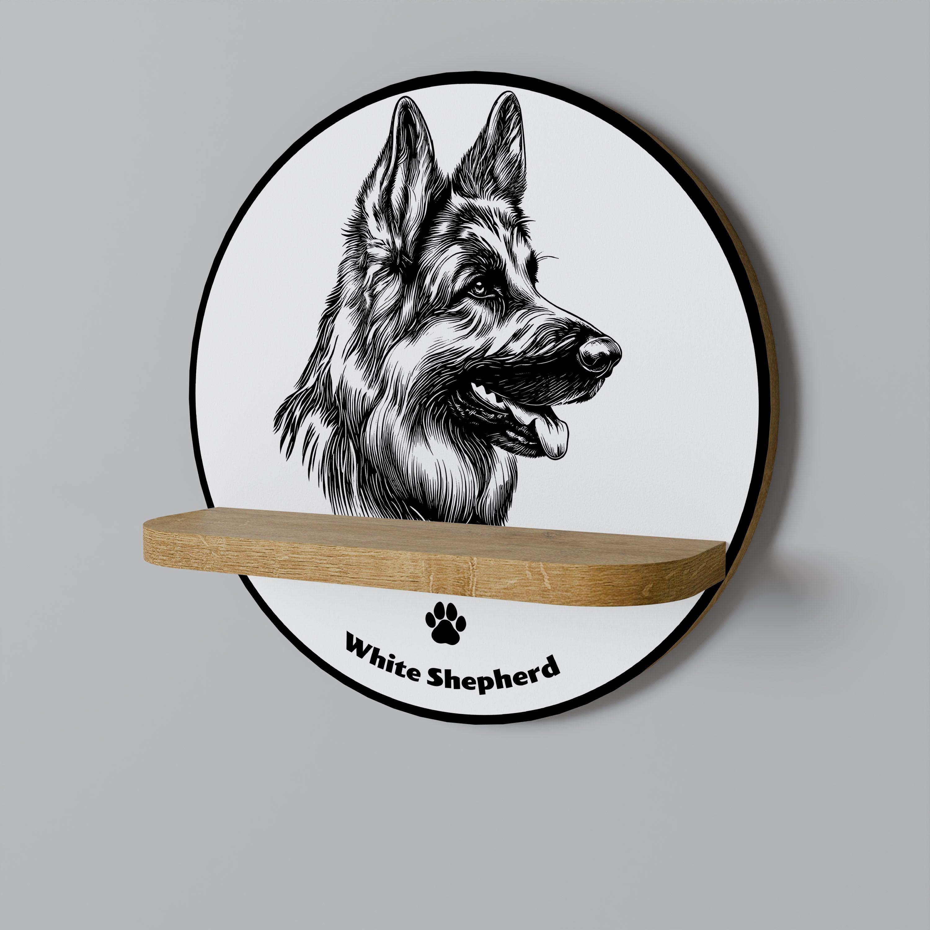 Estantería de arte redonda con efecto roble, diseño de perro pastor blanco