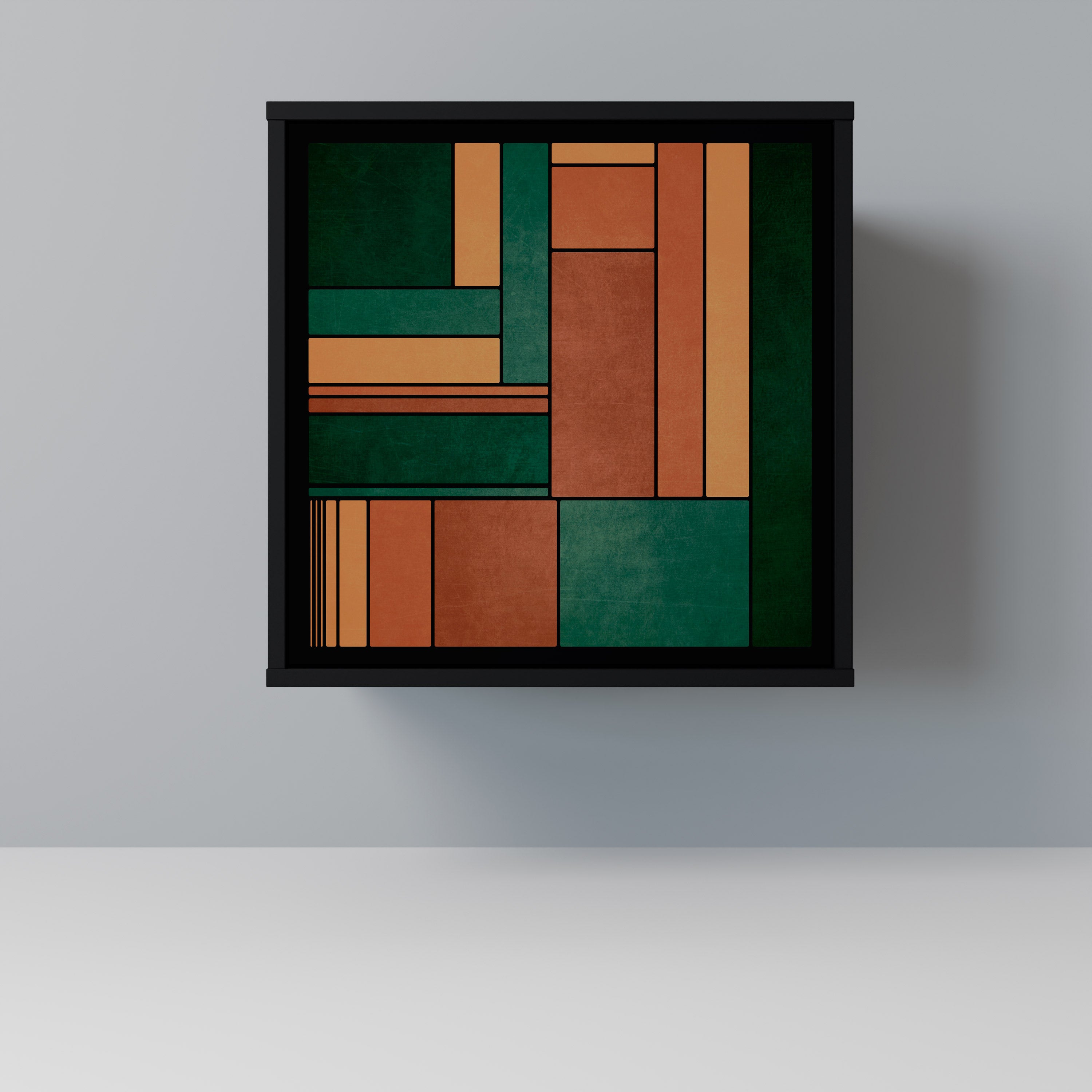 Aparador de una puerta con figuras terrosas en acabado negro