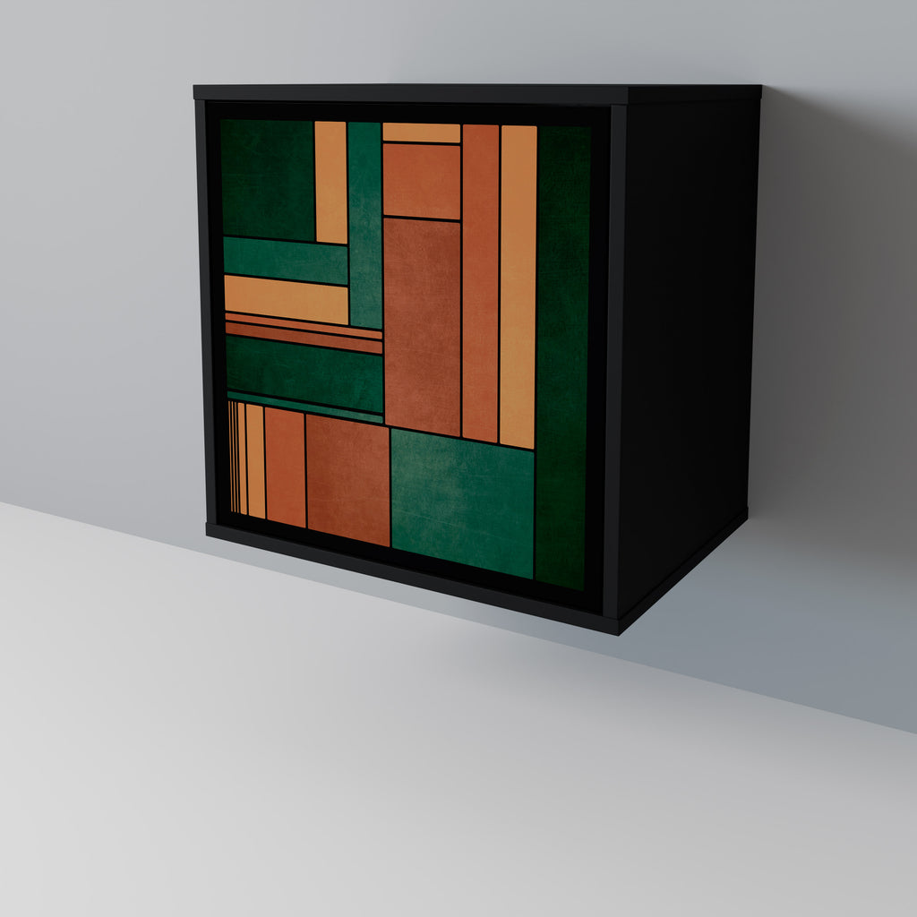 Aparador de una puerta con figuras terrosas en acabado negro