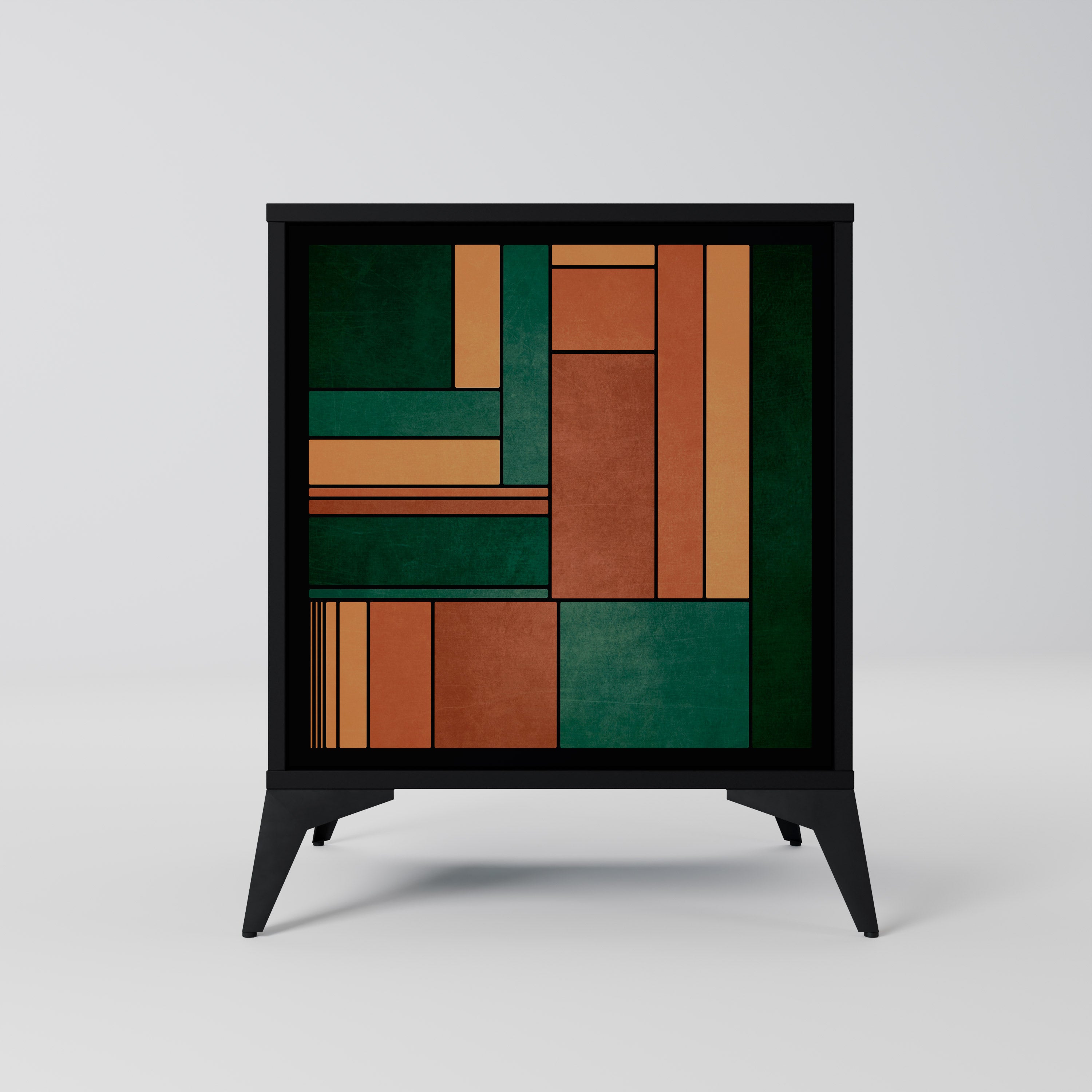 Aparador de una puerta con figuras terrosas en acabado negro