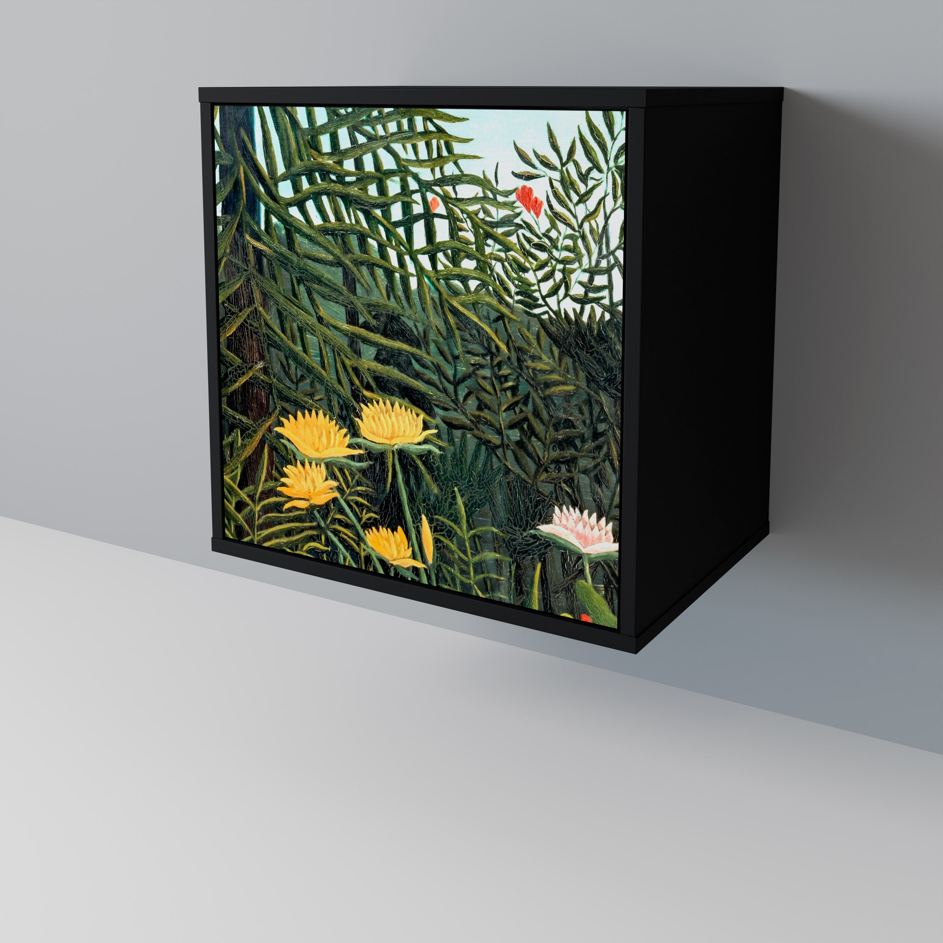 Aparador de una puerta VIRGEN FOREST CON ATARDECER en acabado negro