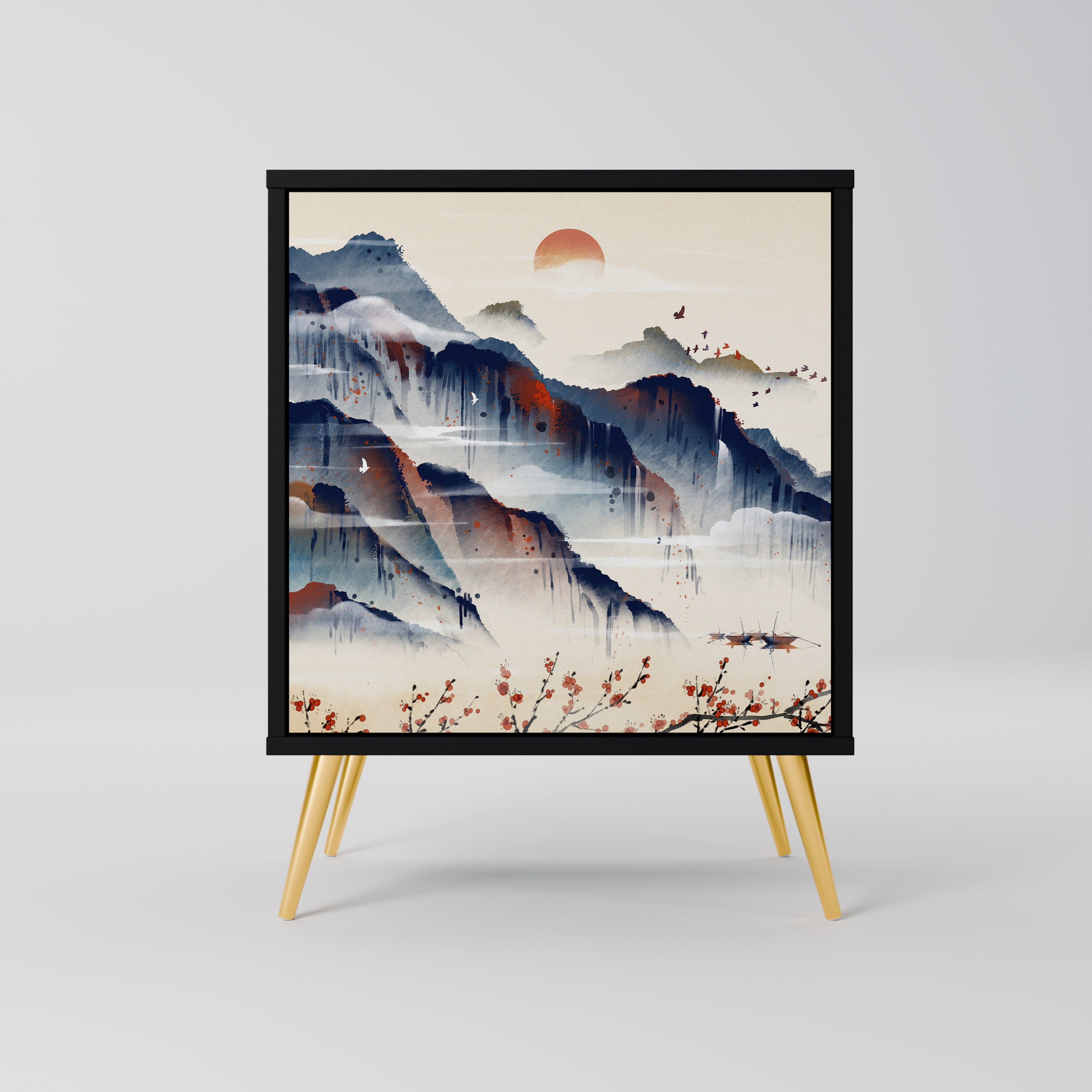 Aparador de una puerta estilo paisaje japonés en acabado negro