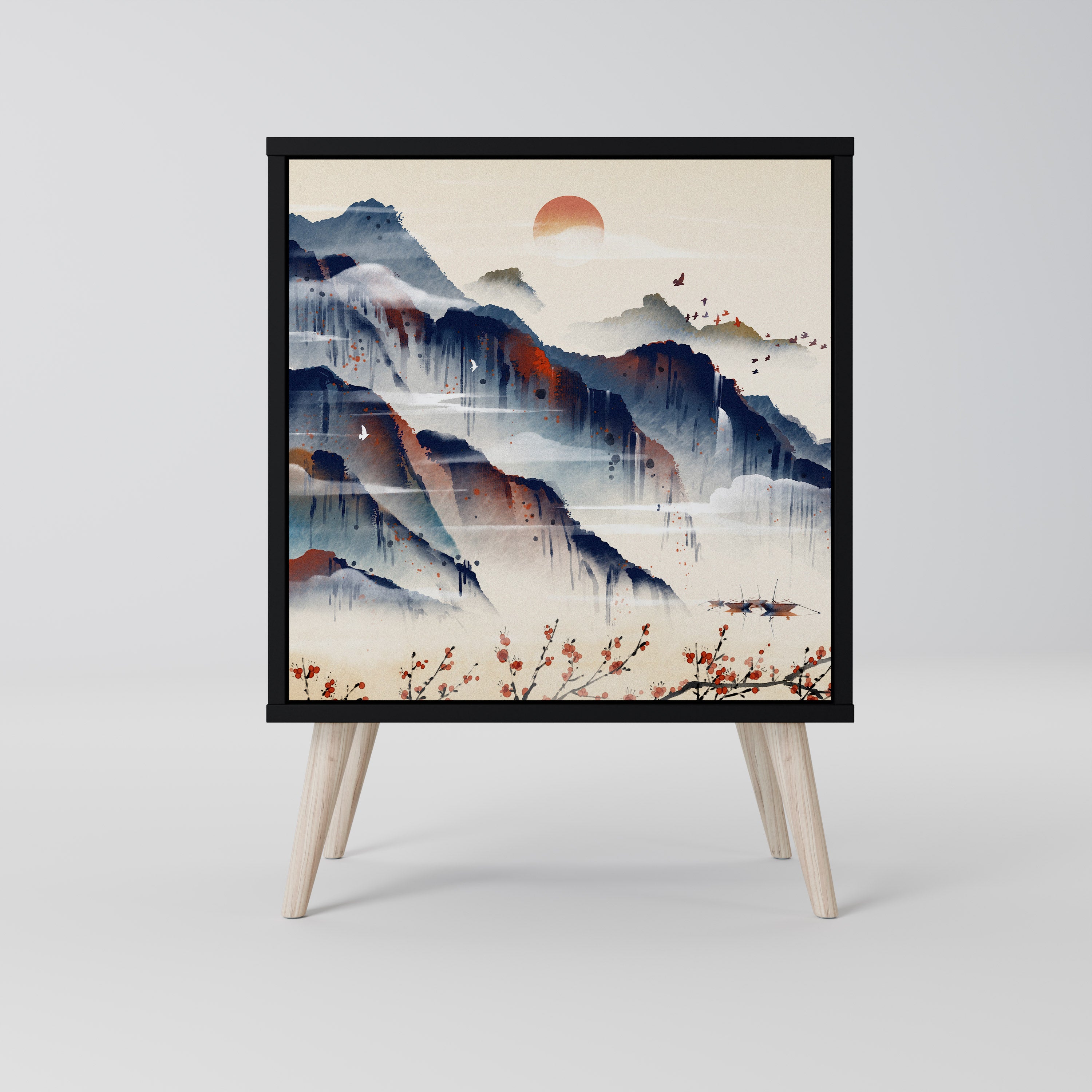 Aparador de una puerta estilo paisaje japonés en acabado negro