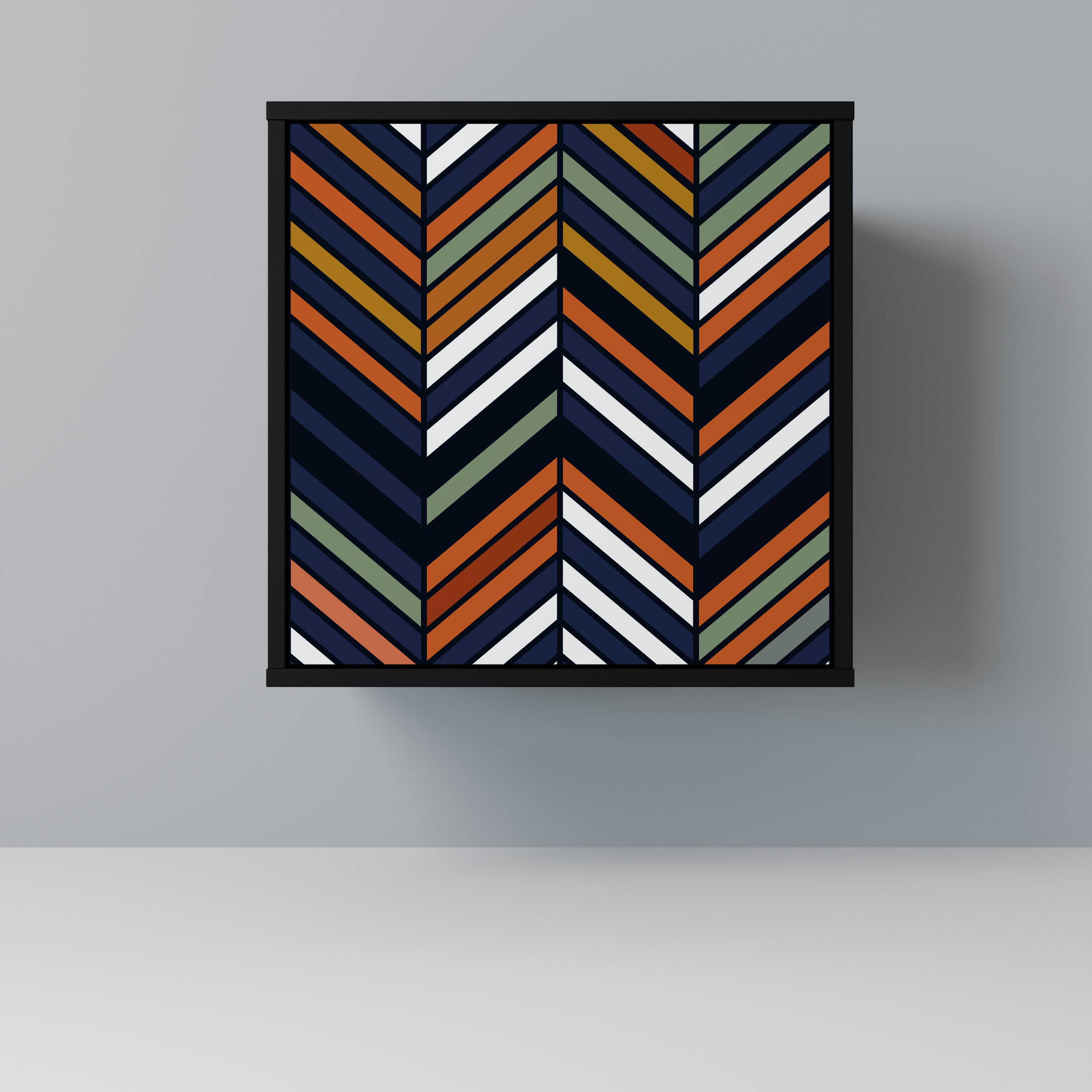 Aparador de una puerta con estampado patchwork vibrante en acabado negro