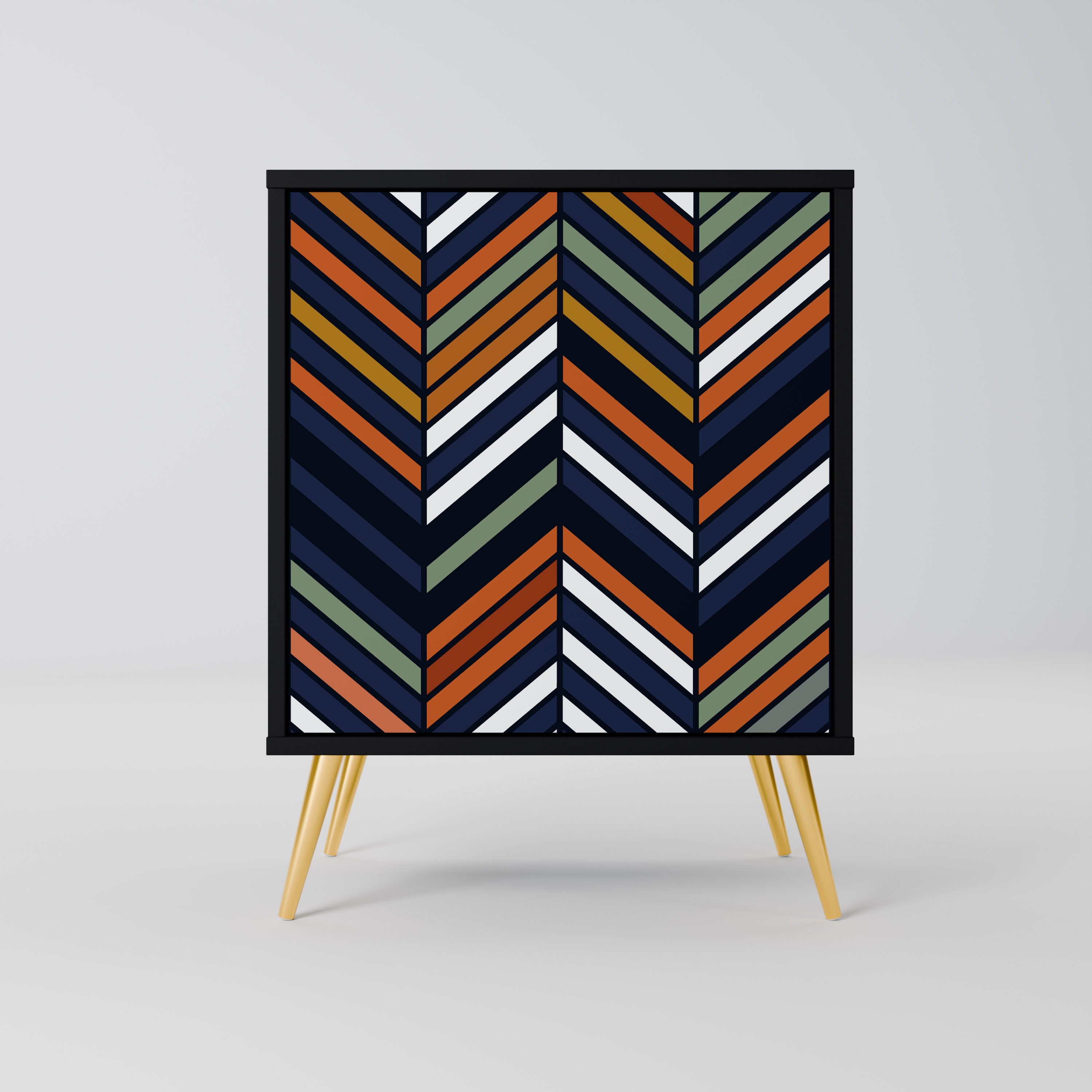 Aparador de una puerta con estampado patchwork vibrante en acabado negro