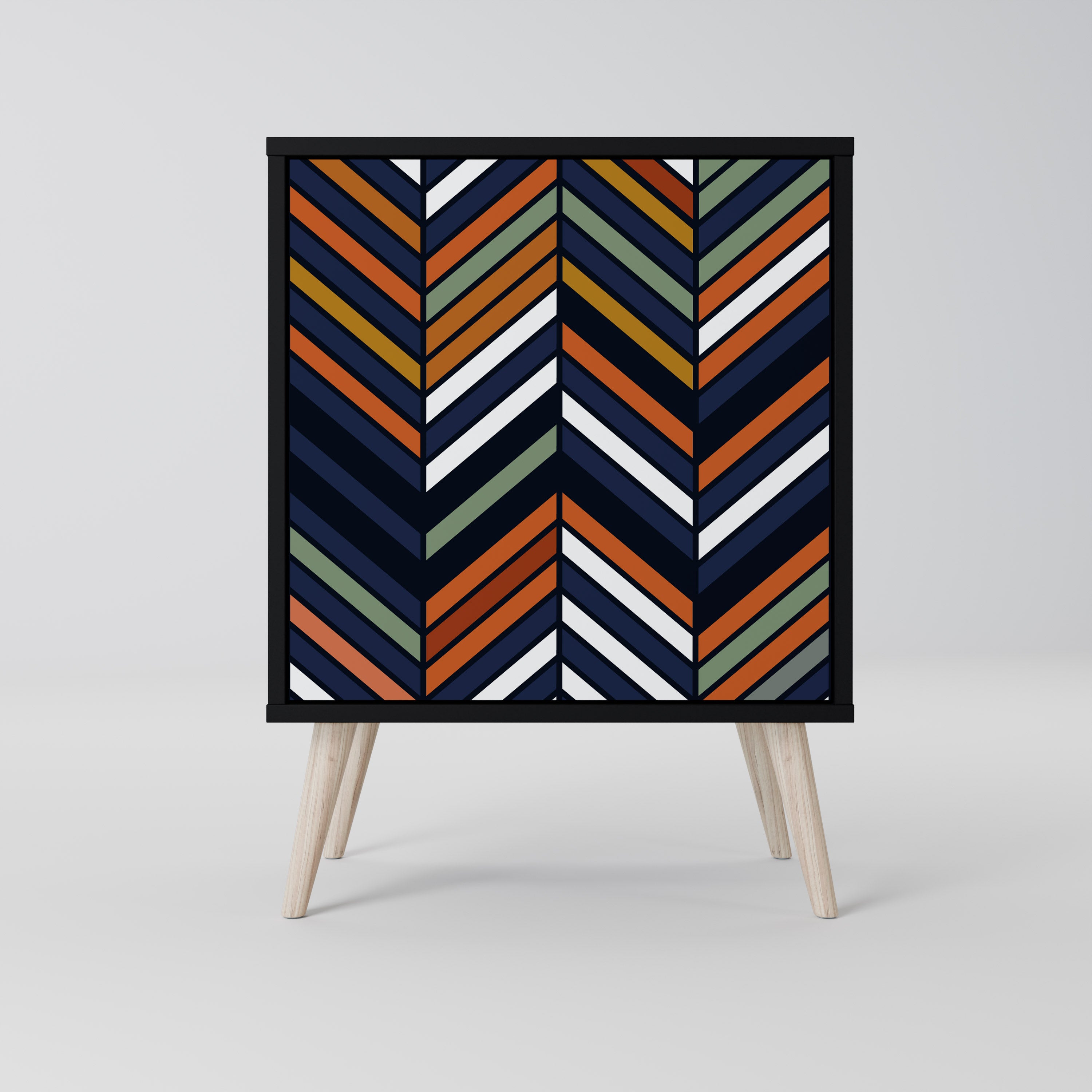 Aparador de una puerta con estampado patchwork vibrante en acabado negro