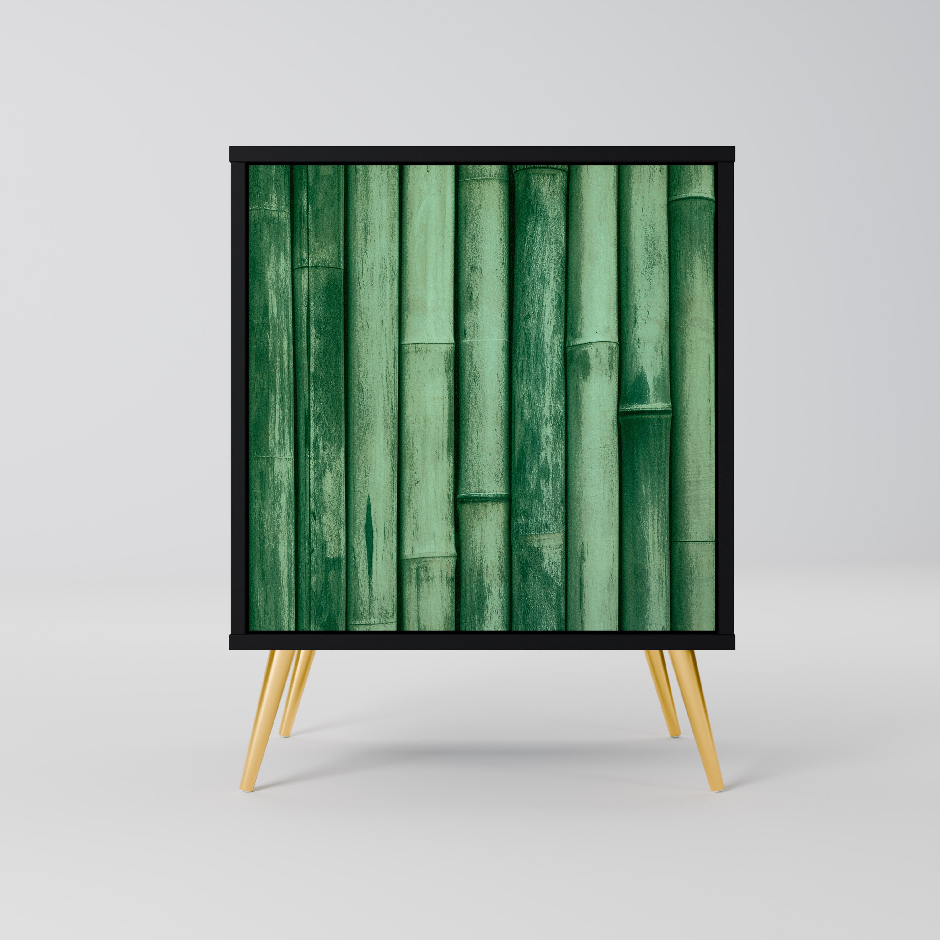 Aparador de una puerta en color verde natural con acabado negro.